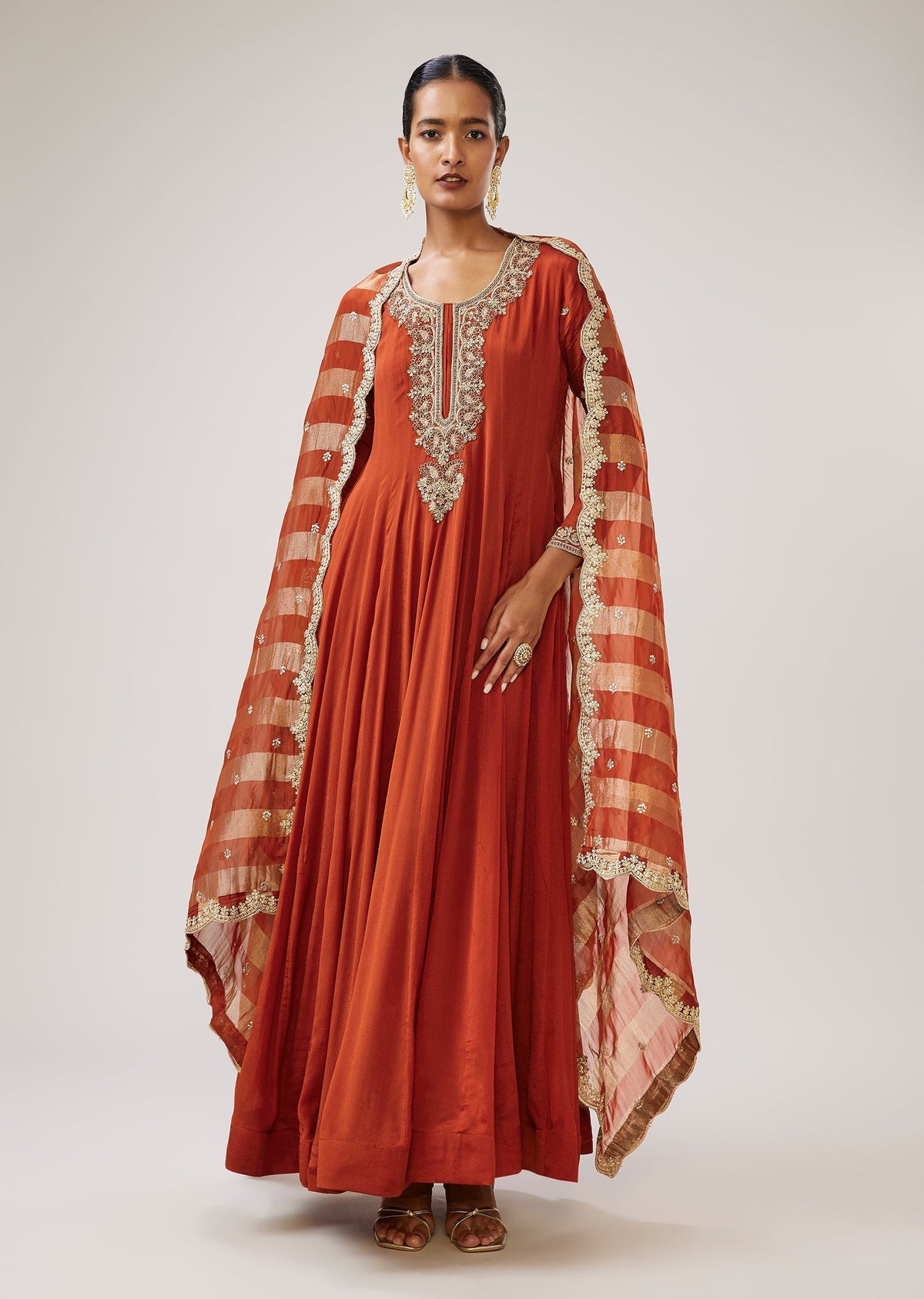 Rust Zardozi Work Chinon Anarkali With Embroidered Dupatta