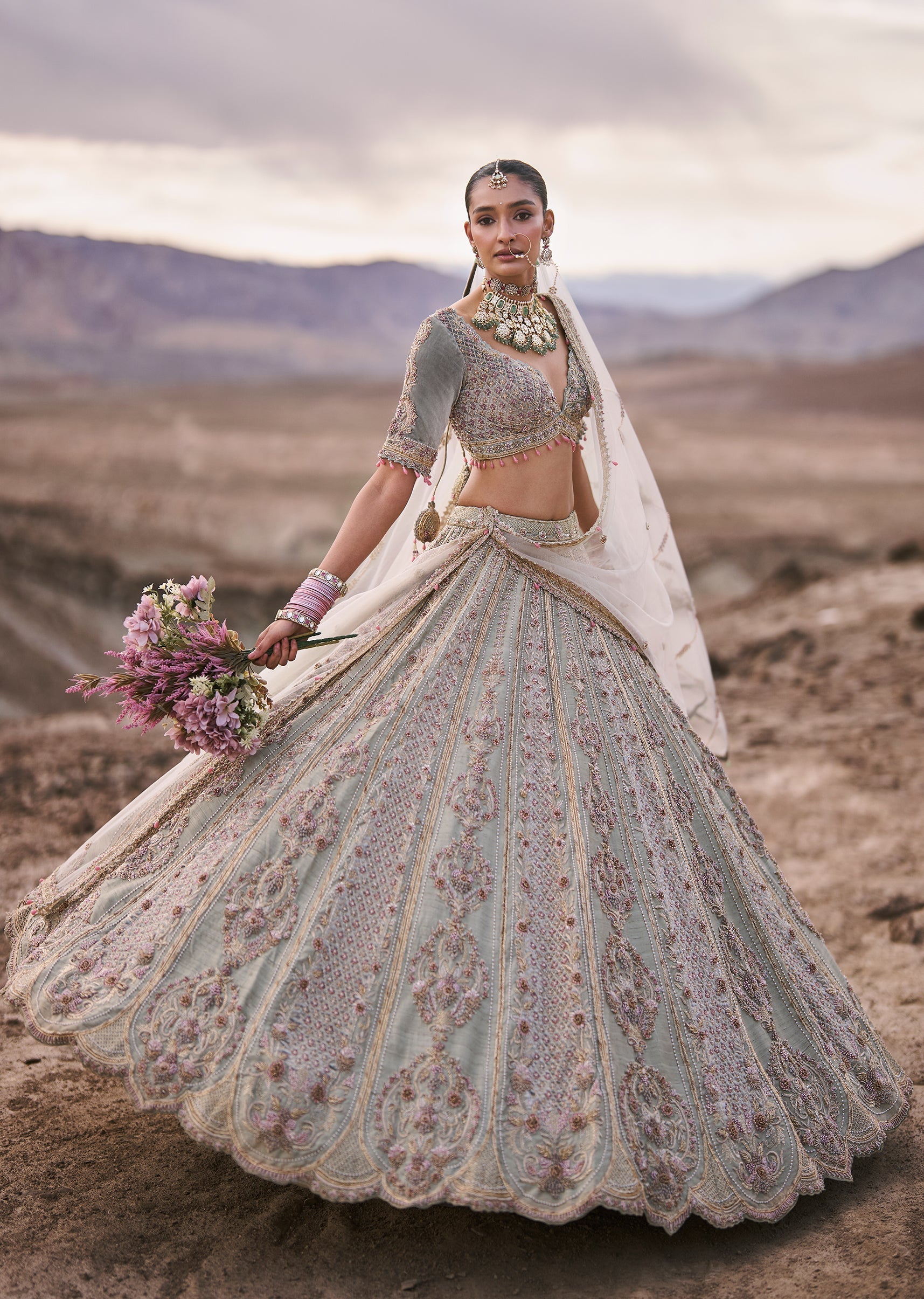 Sage Green Raw Silk Bridal Lehenga With Zardosi Embroidery