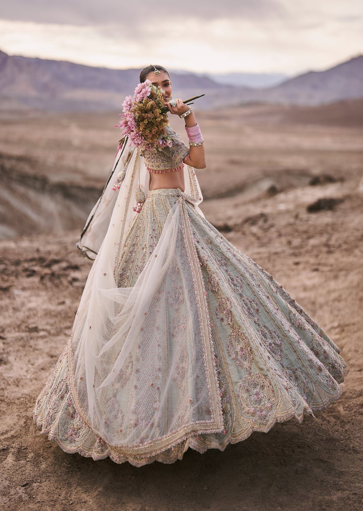 Sage Green Raw Silk Bridal Lehenga With Zardosi Embroidery