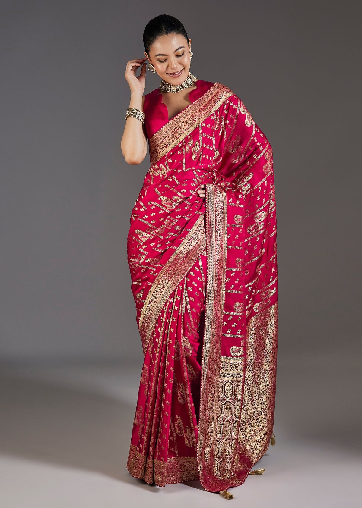 Satin Rani Pink Zari Woven Motif Saree