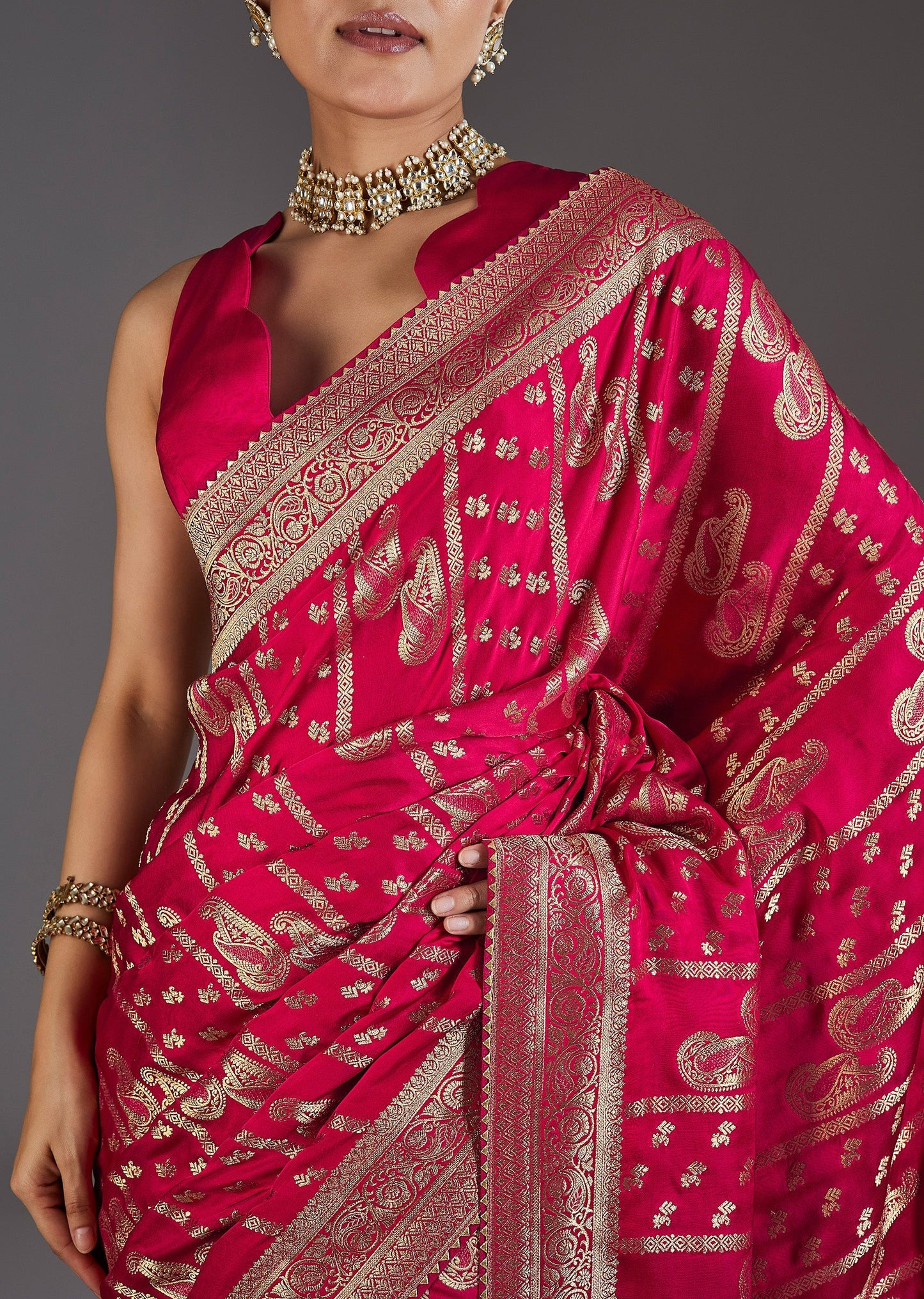 Satin Rani Pink Zari Woven Motif Saree