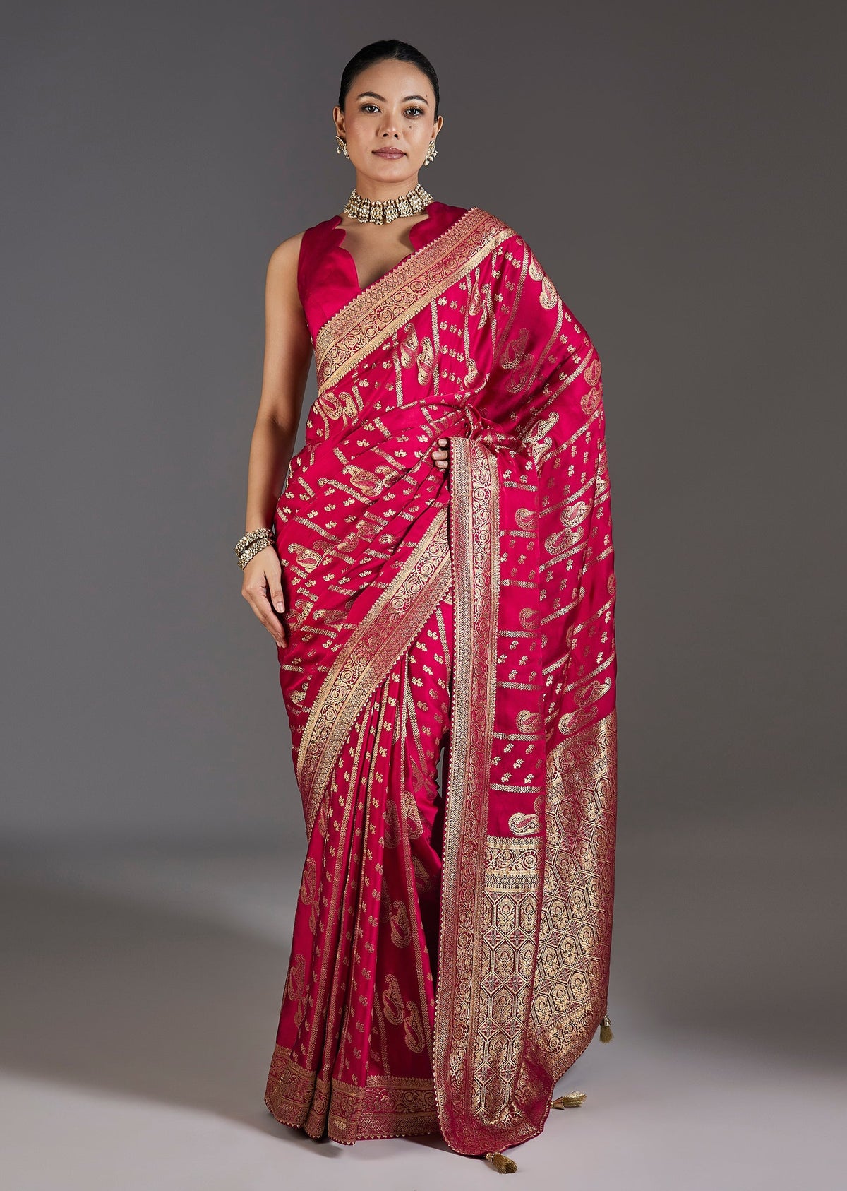 Satin Rani Pink Zari Woven Motif Saree
