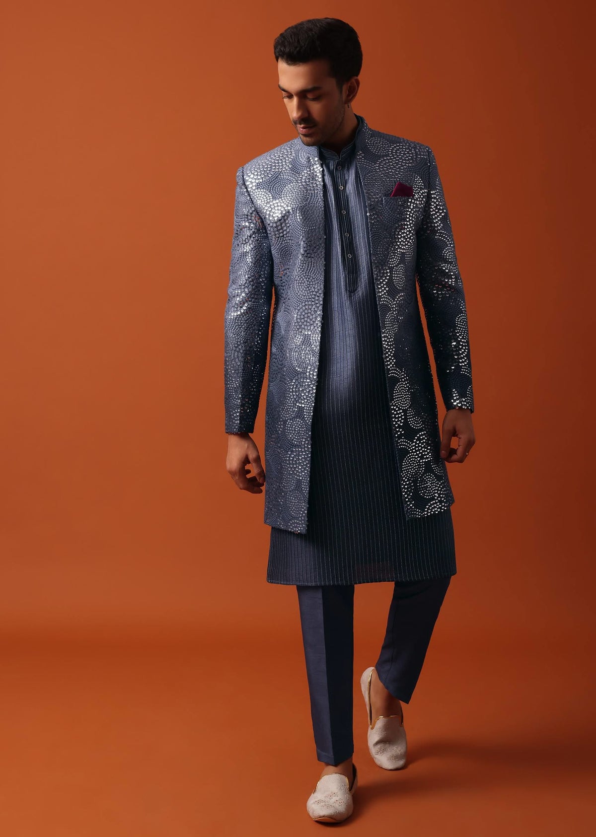 Timeless Blue Shaded Sherwani With Intricate Sequin Embroidery