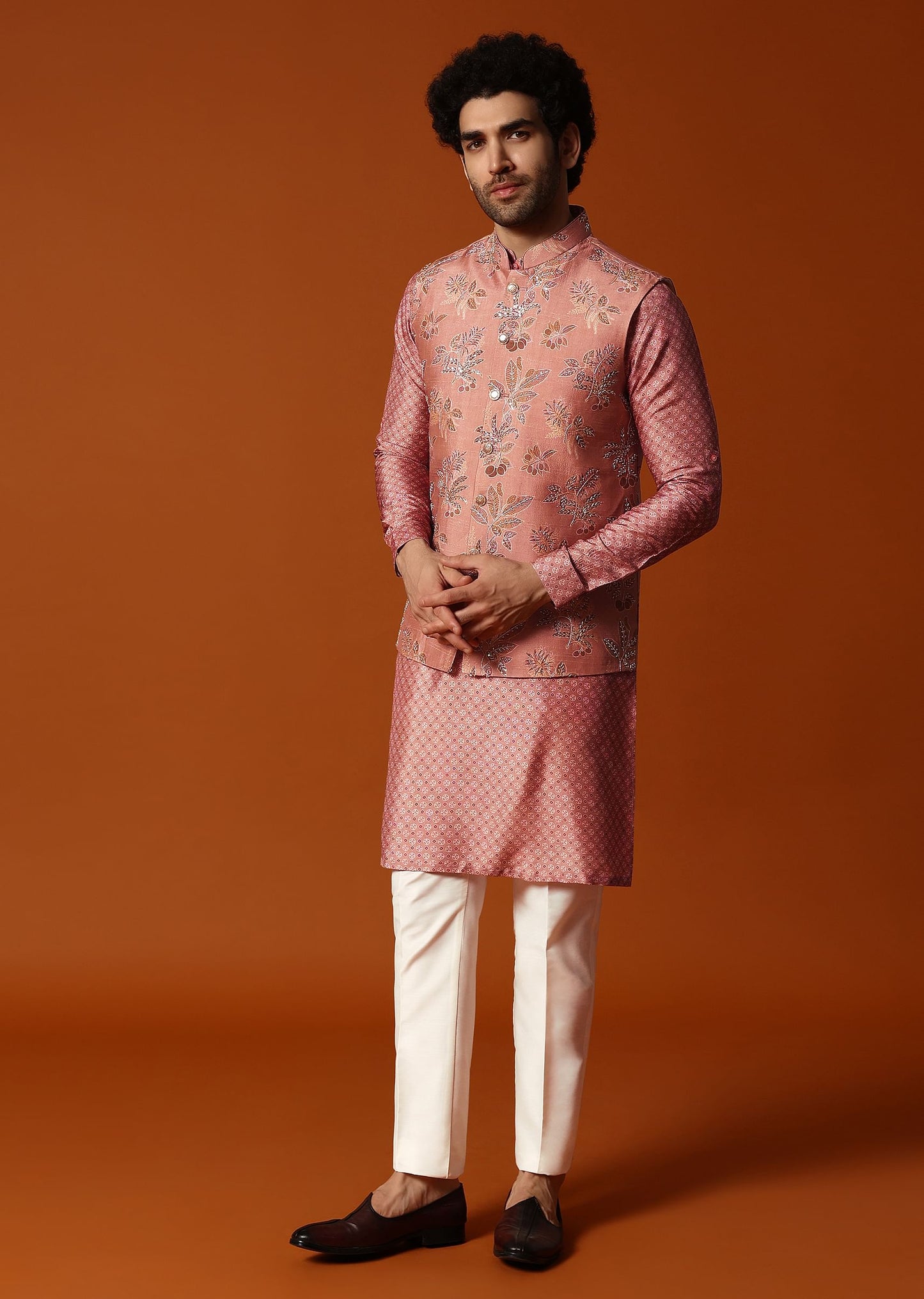 Onion Pink Kurta Jacket Set For Men