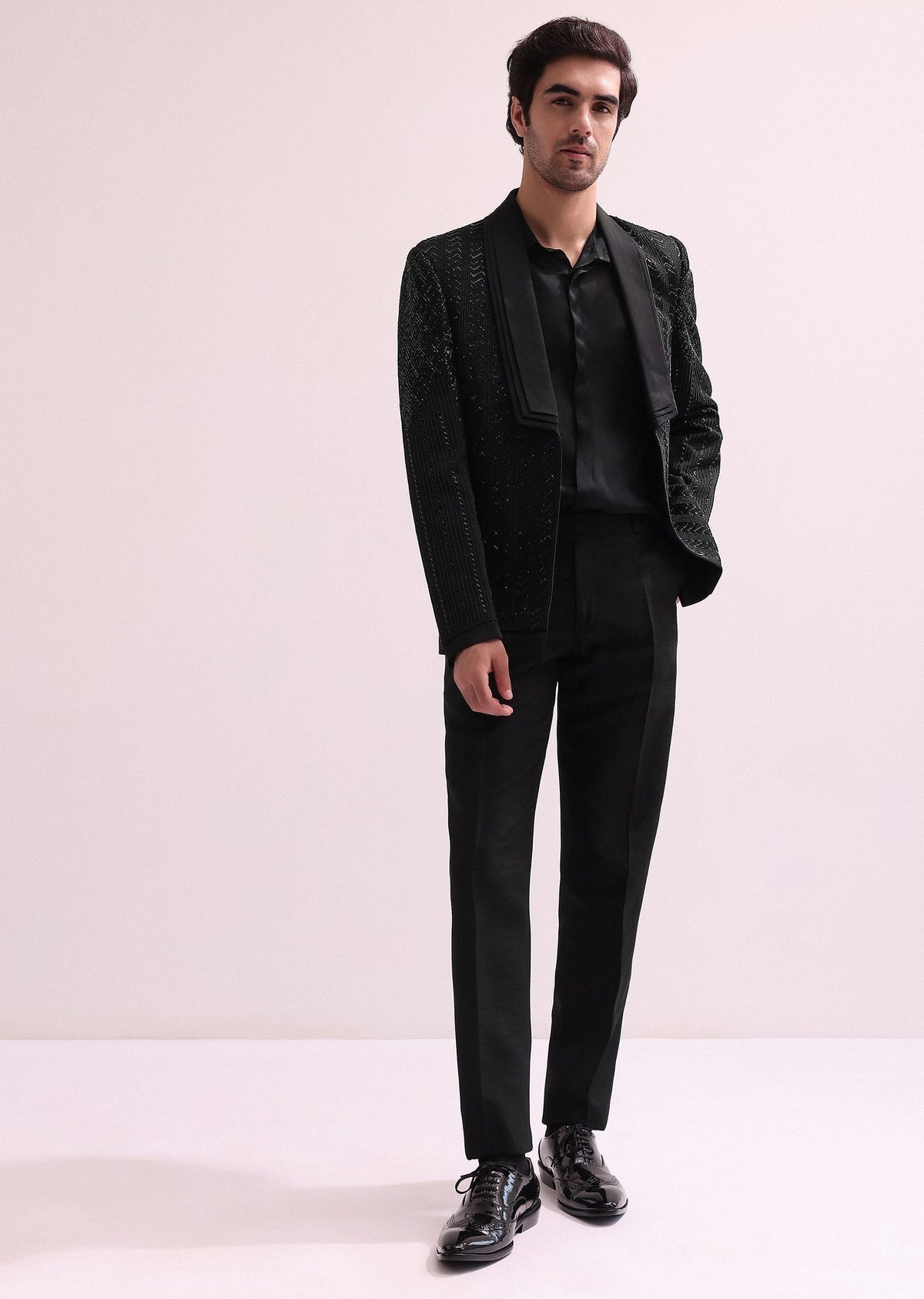 Black Hand Embellished Organza Lapel Tuxedo With Shirt And Pants