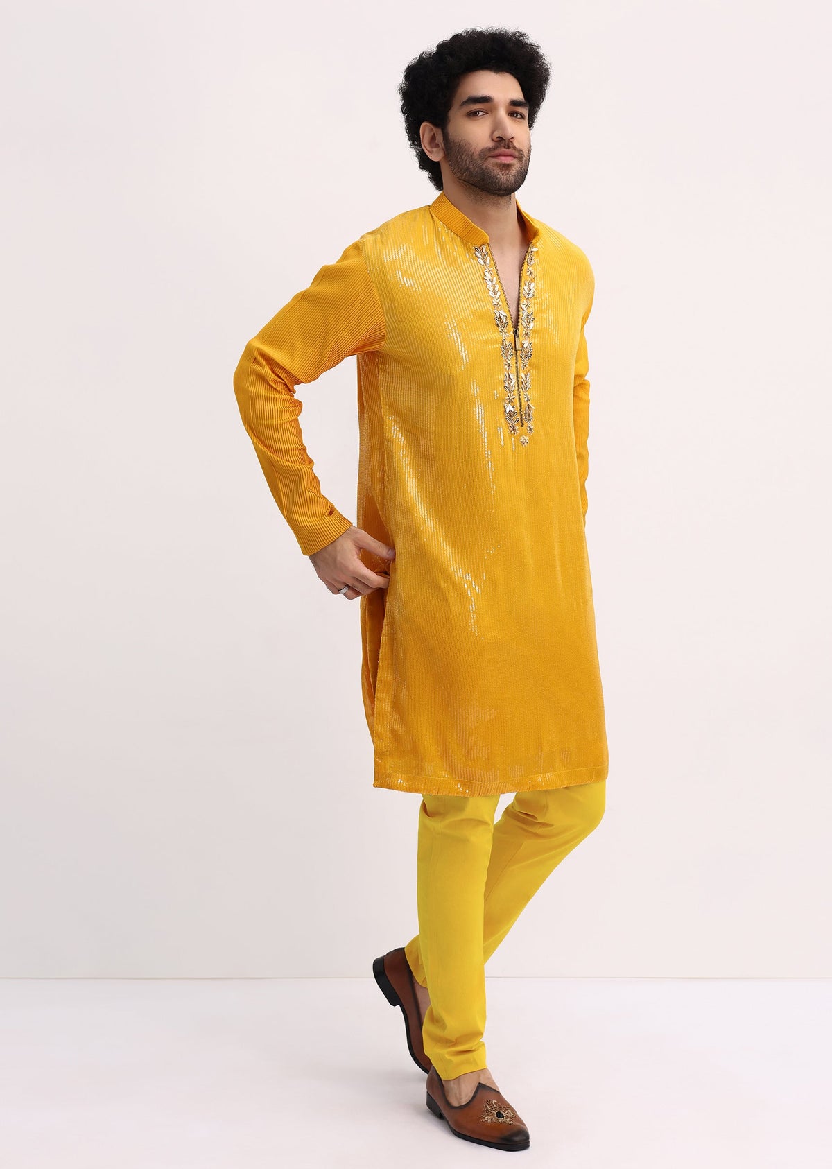 Yellow Shaded Sequin Zipper Kurta With Yellow Pants