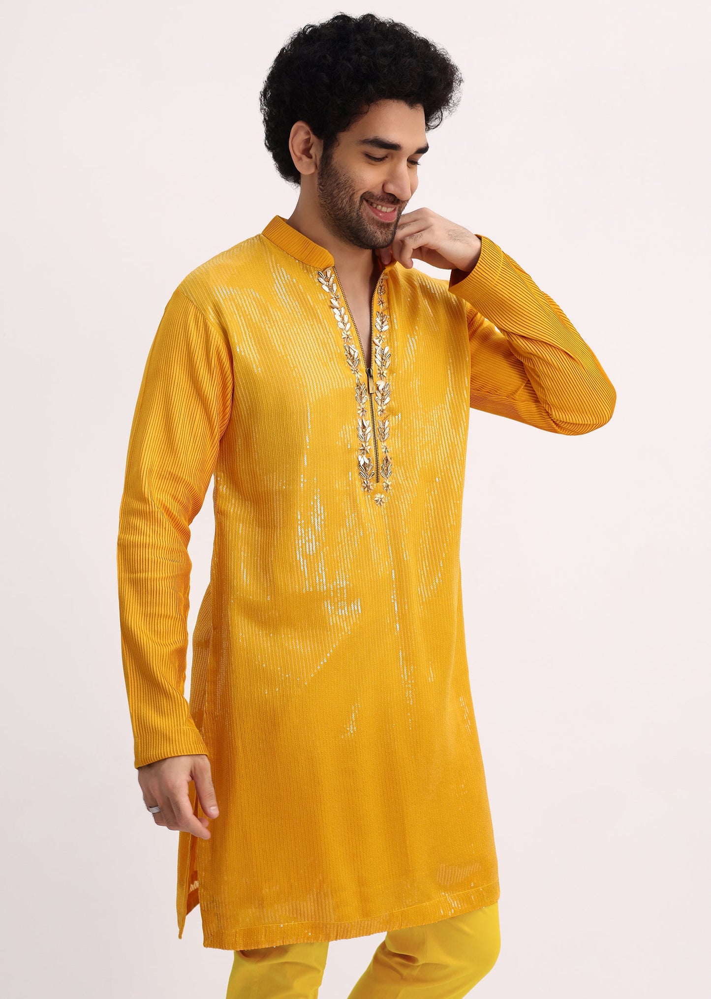 Yellow Shaded Sequin Zipper Kurta With Yellow Pants