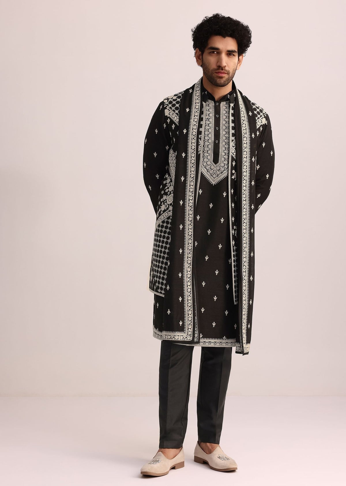 Black Embroidered Jacket and Kurta Set With Dupatta