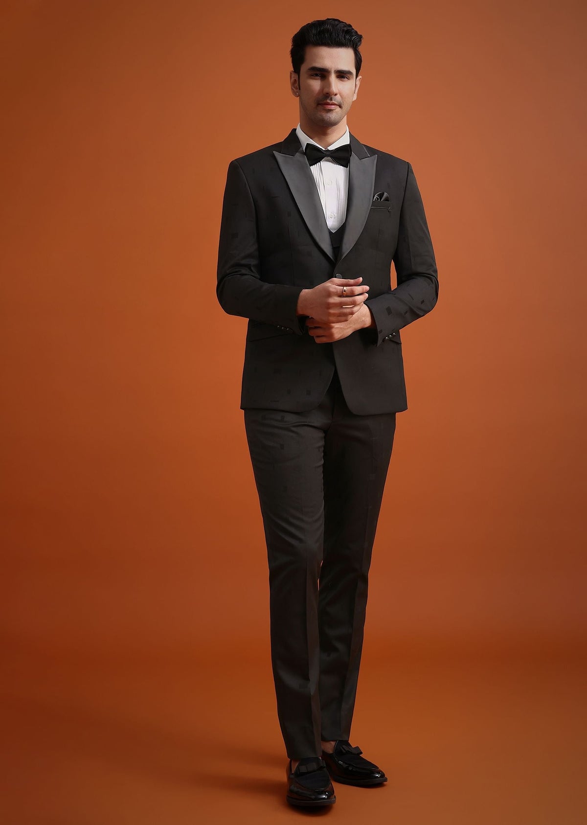 Black Terry Rayon Tuxedo, Waistcoat And Pant Set