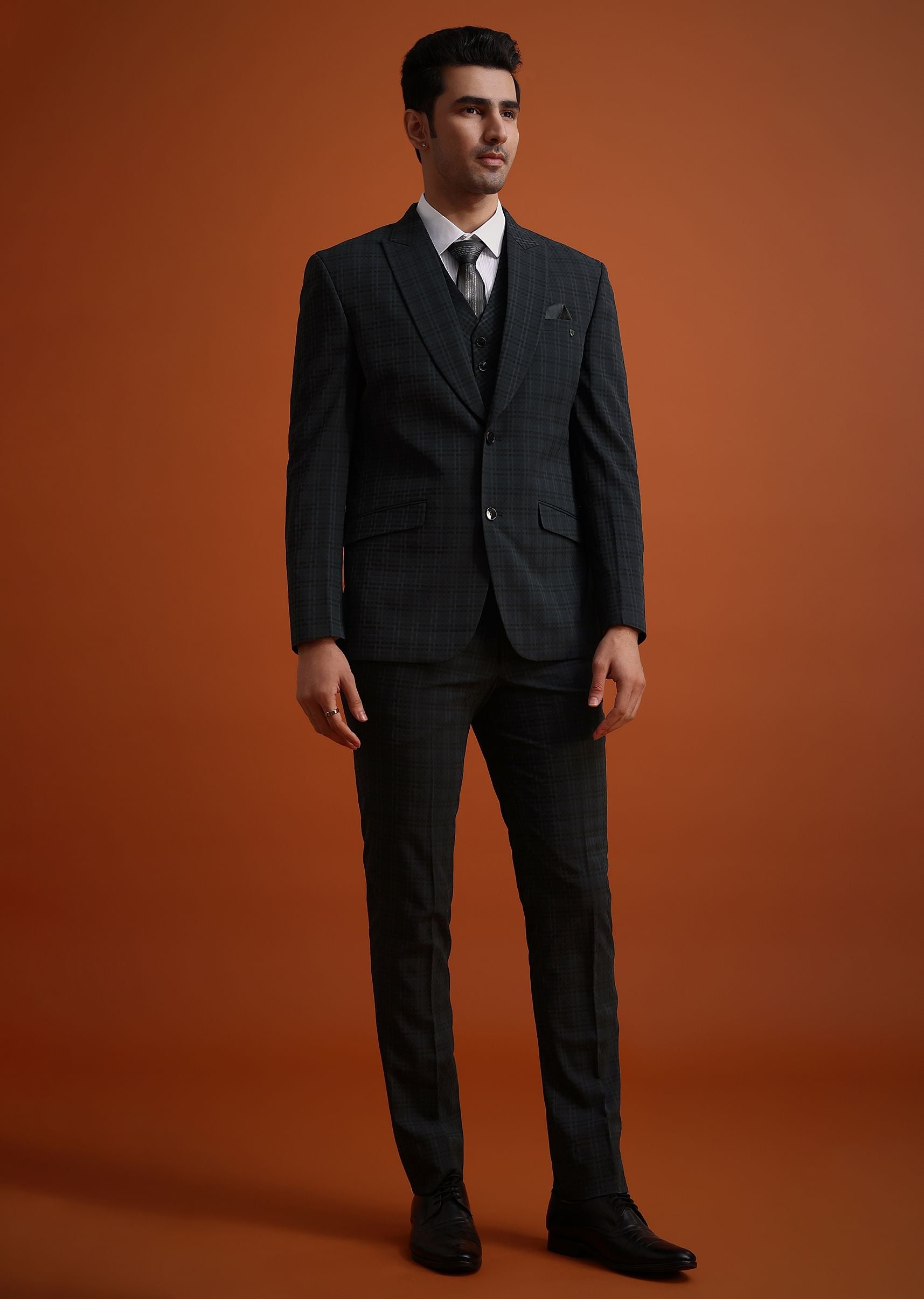 Dark Grey Tuxedo And Pant Set With Checkered Detail
