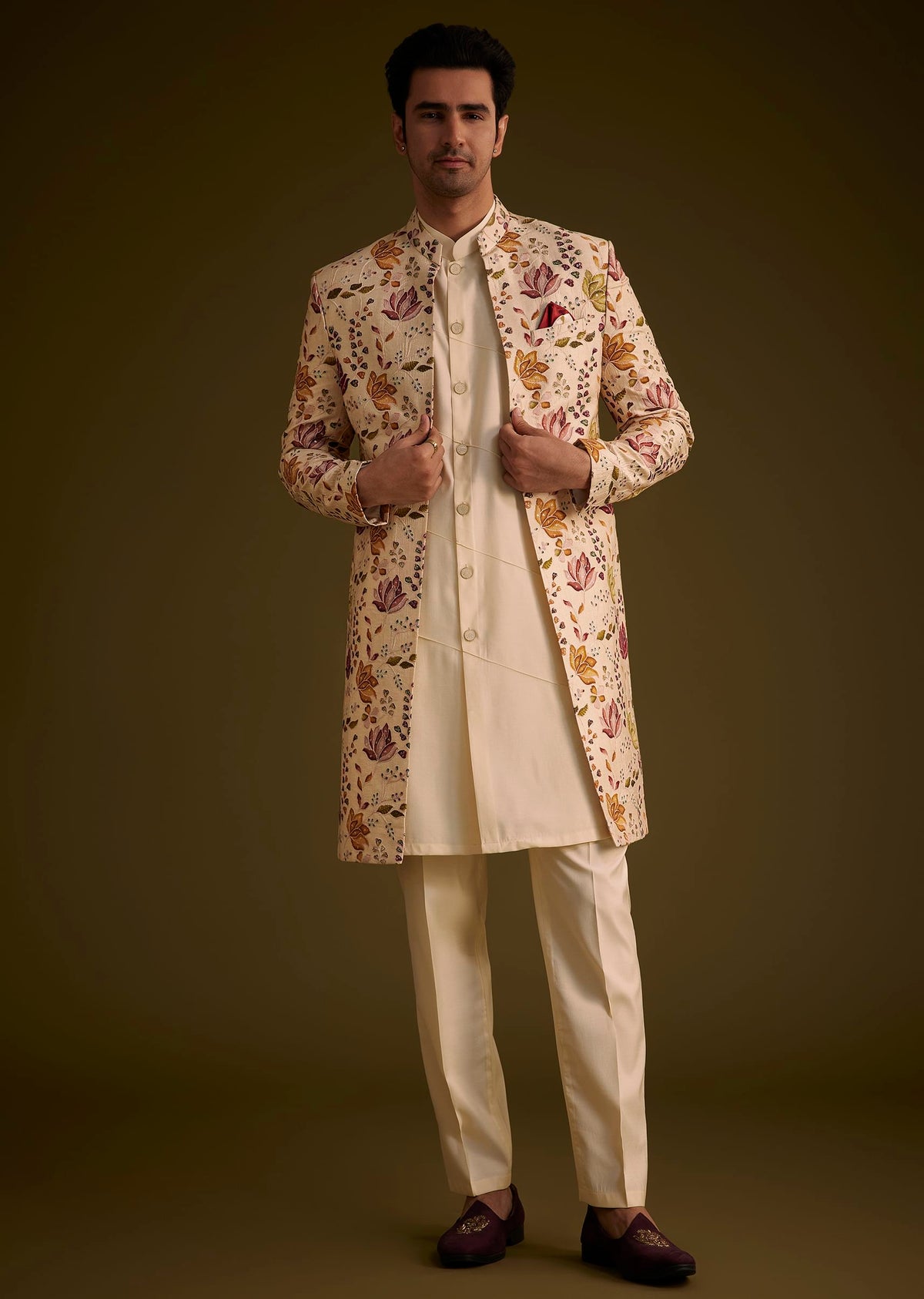 Beige Silk Indowestern Set With Self Work