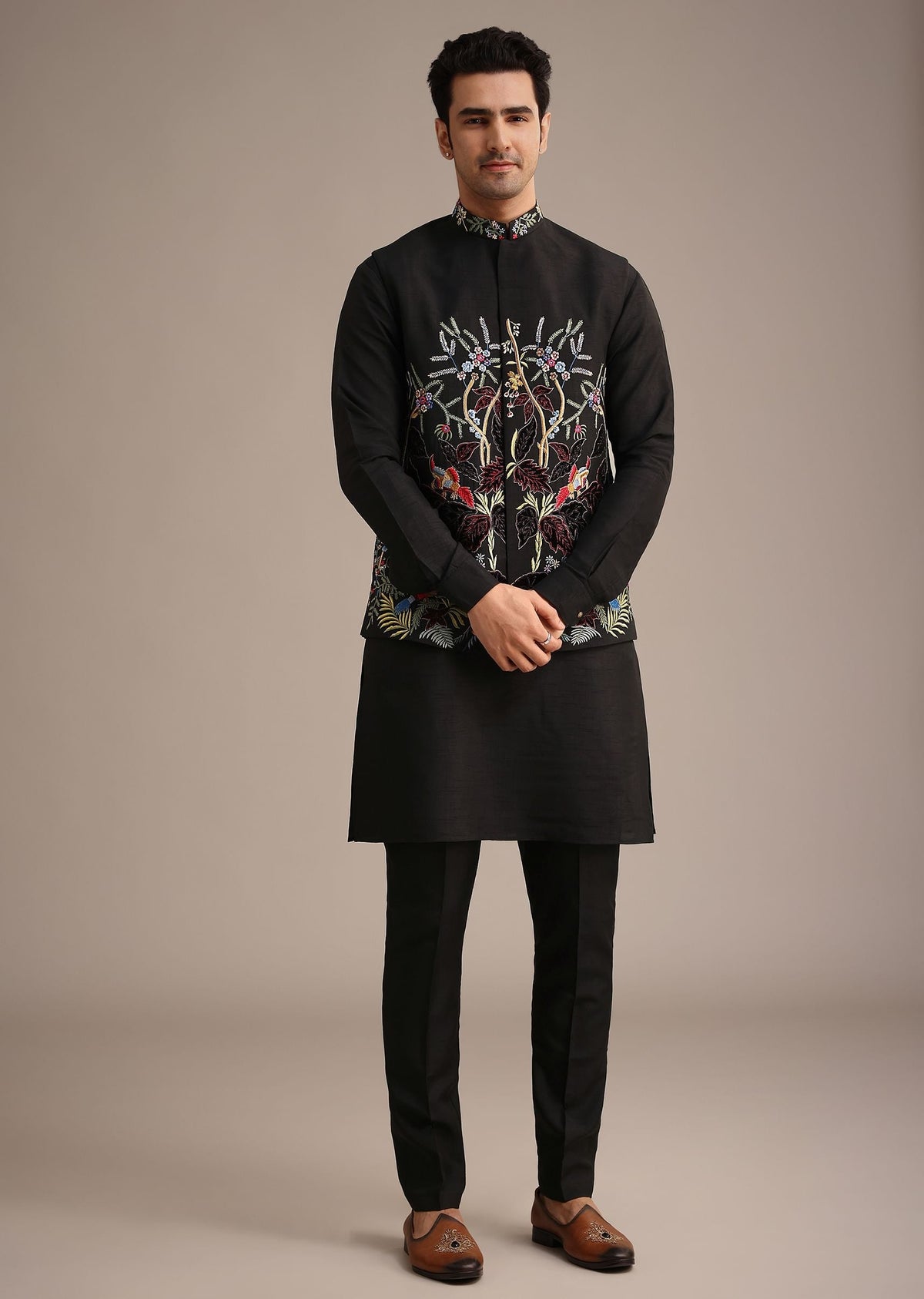 Black Resham Embroidered Jacket And Kurta Set In Silk