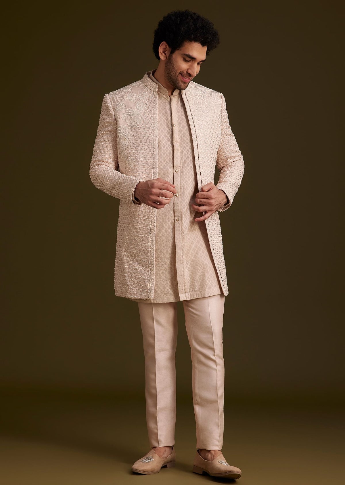 Beige Embroidered Indo Western Set