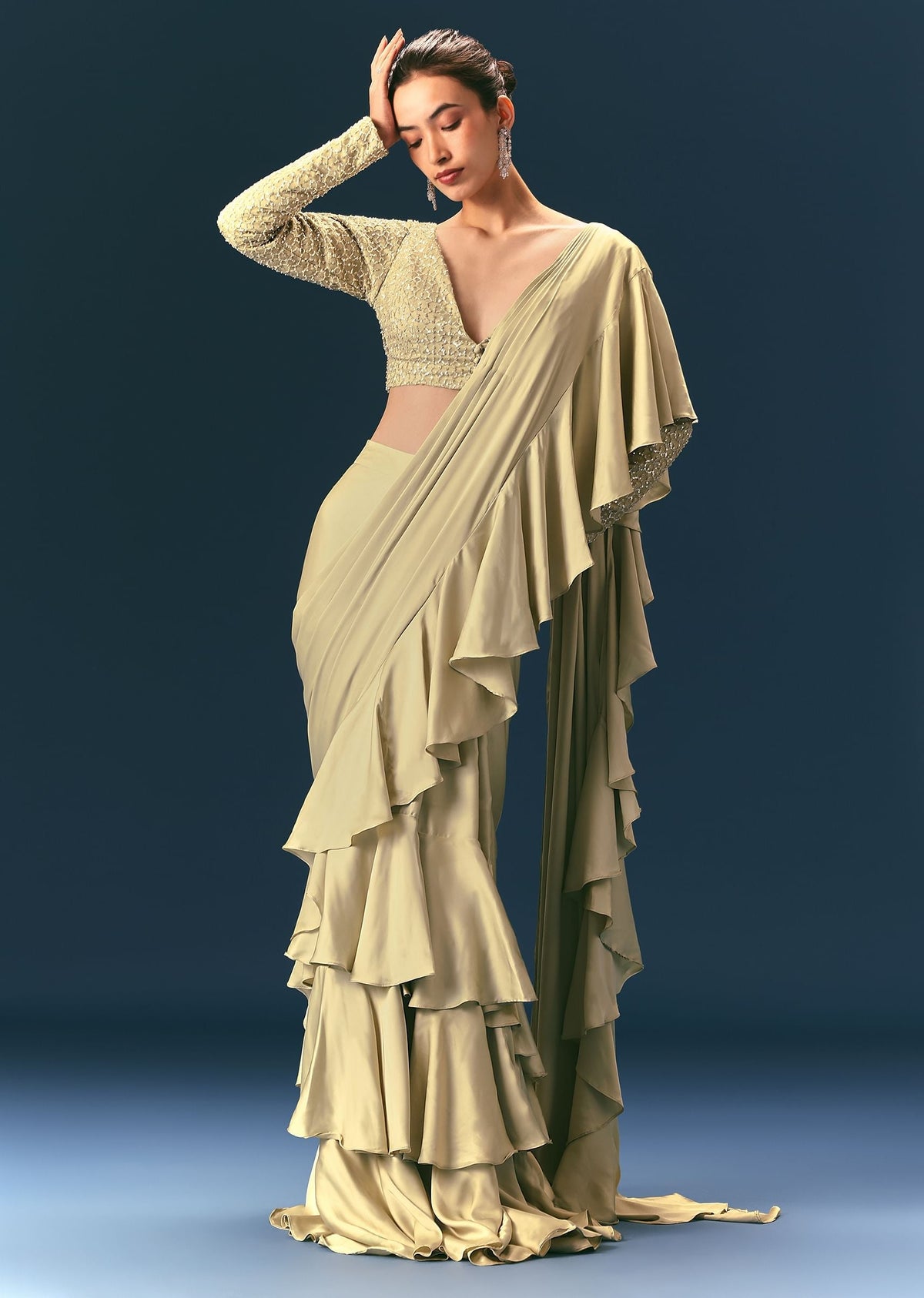Green Frill Draped Saree With Embellished Blouse