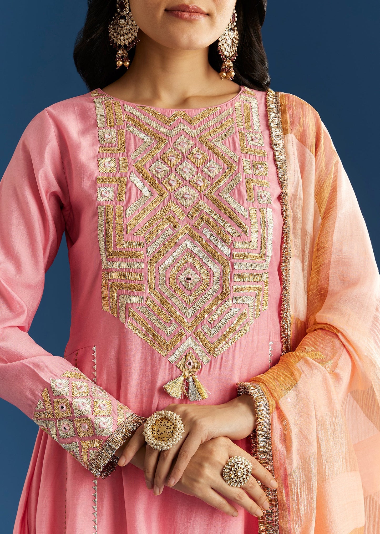 Soft Festive Couple Set – Pink Muslin Gotta Work Anarkali With Pant And Dupatta For Her And Pink Floral Print Art Silk Kurta Pant Set For Him