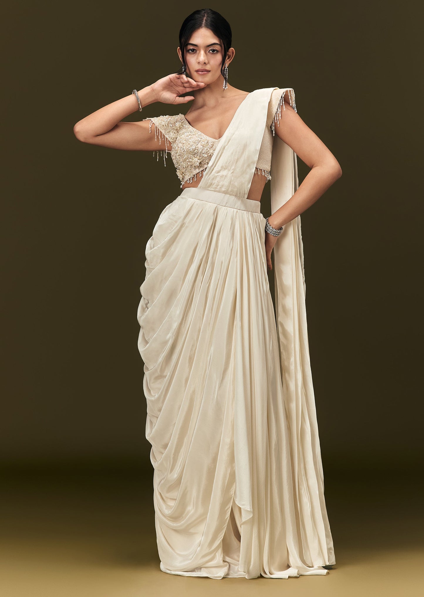 Ivory Crepe Pre Draped Saree With Zardosi And 3D Flower Motifs