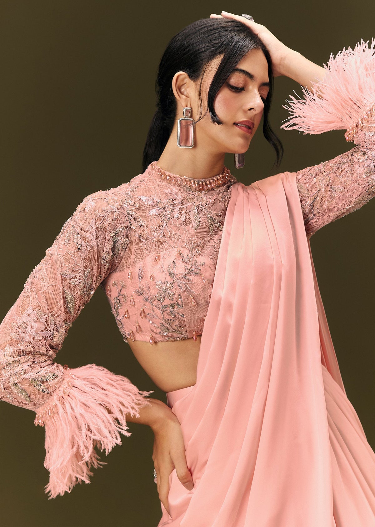 Baby Pink Ready To Wear Satin Saree With High Neck Full Sleeve Blouse