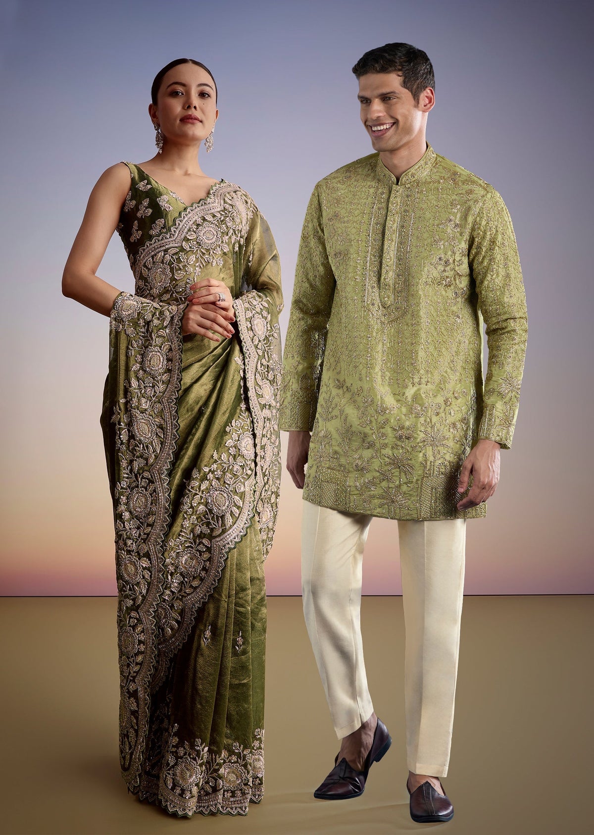Green Tissue Elegance Couple Set – Olive Green Tissue Saree for Her And Green Tissue Kurta Set for Him