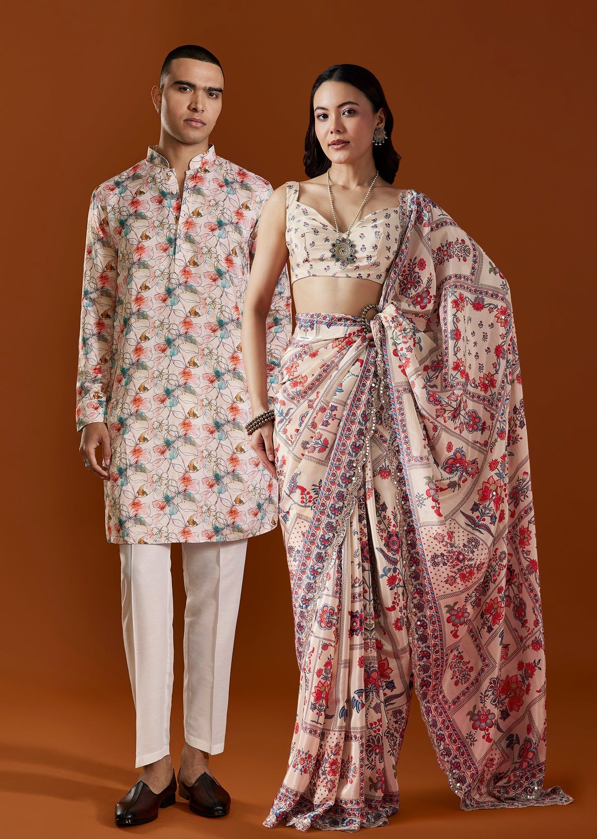 Soft Pastel Pair – Printed Saree For Her And Kurta For Him