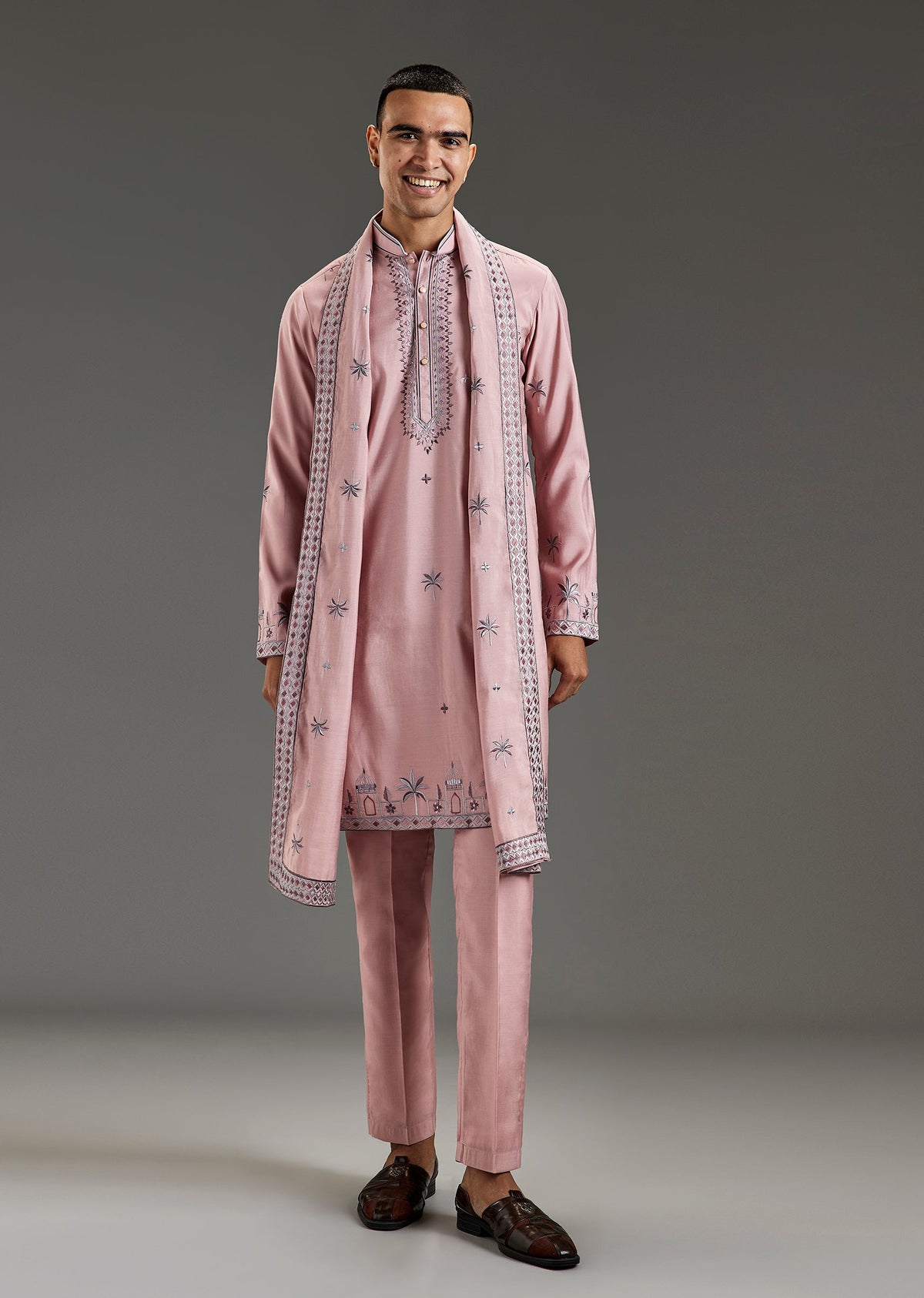 Onion Pink Kurta Set For Men With Thread Work