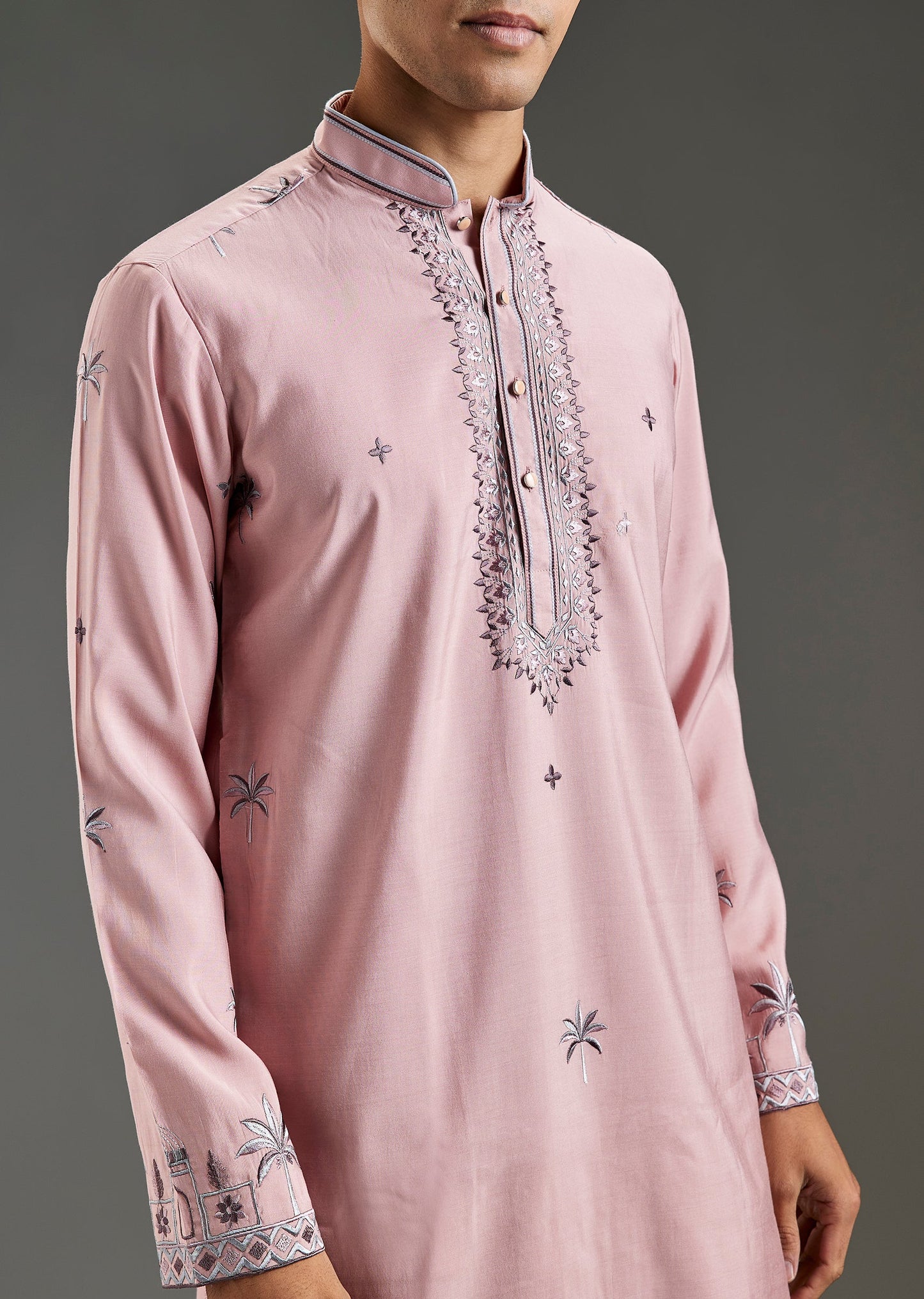 Onion Pink Kurta Set For Men With Thread Work