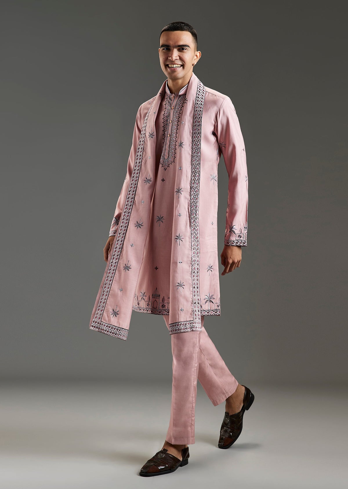 Onion Pink Kurta Set For Men With Thread Work