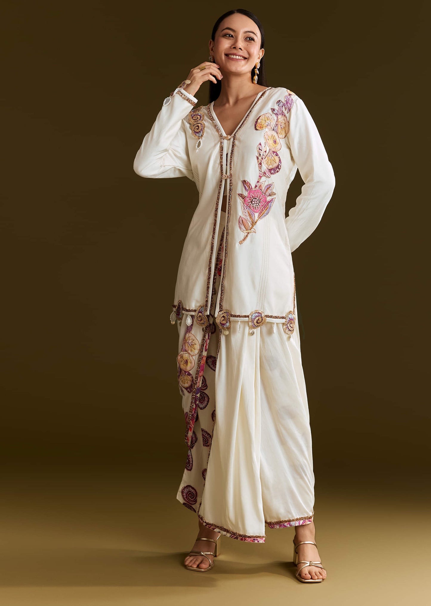 Cream Printed Croptop Set With Gotta Work Jacket And Dhoti Skirt