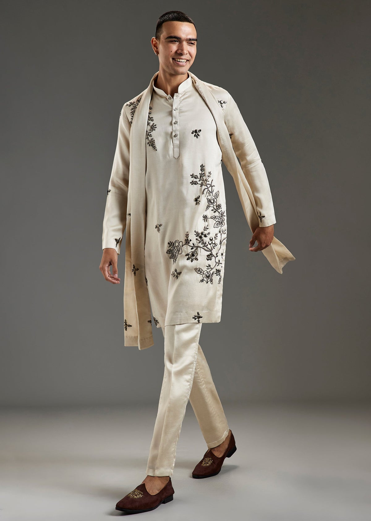 Off White Metal Hand Embroidered Kurta Set