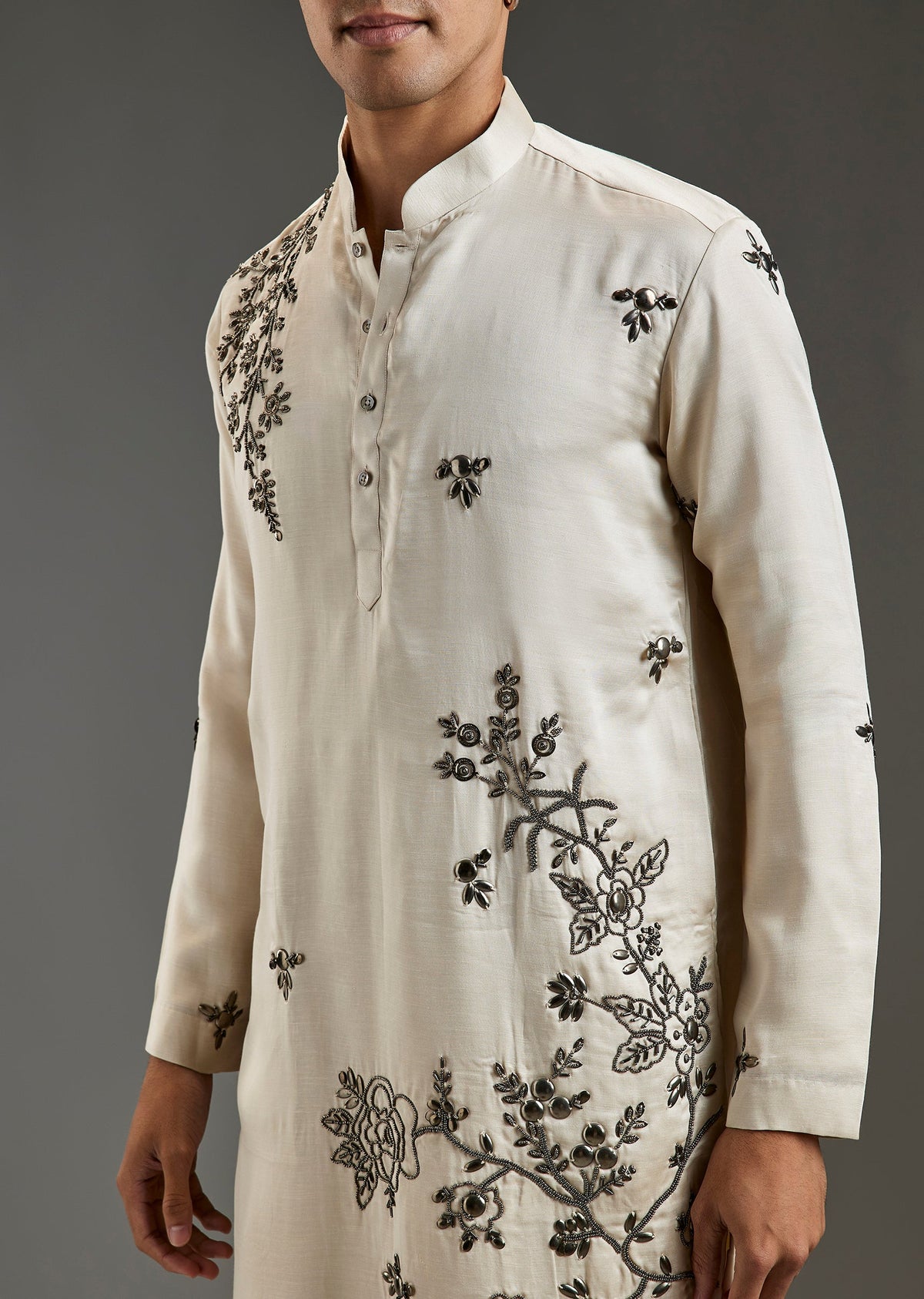 Off White Metal Hand Embroidered Kurta Set