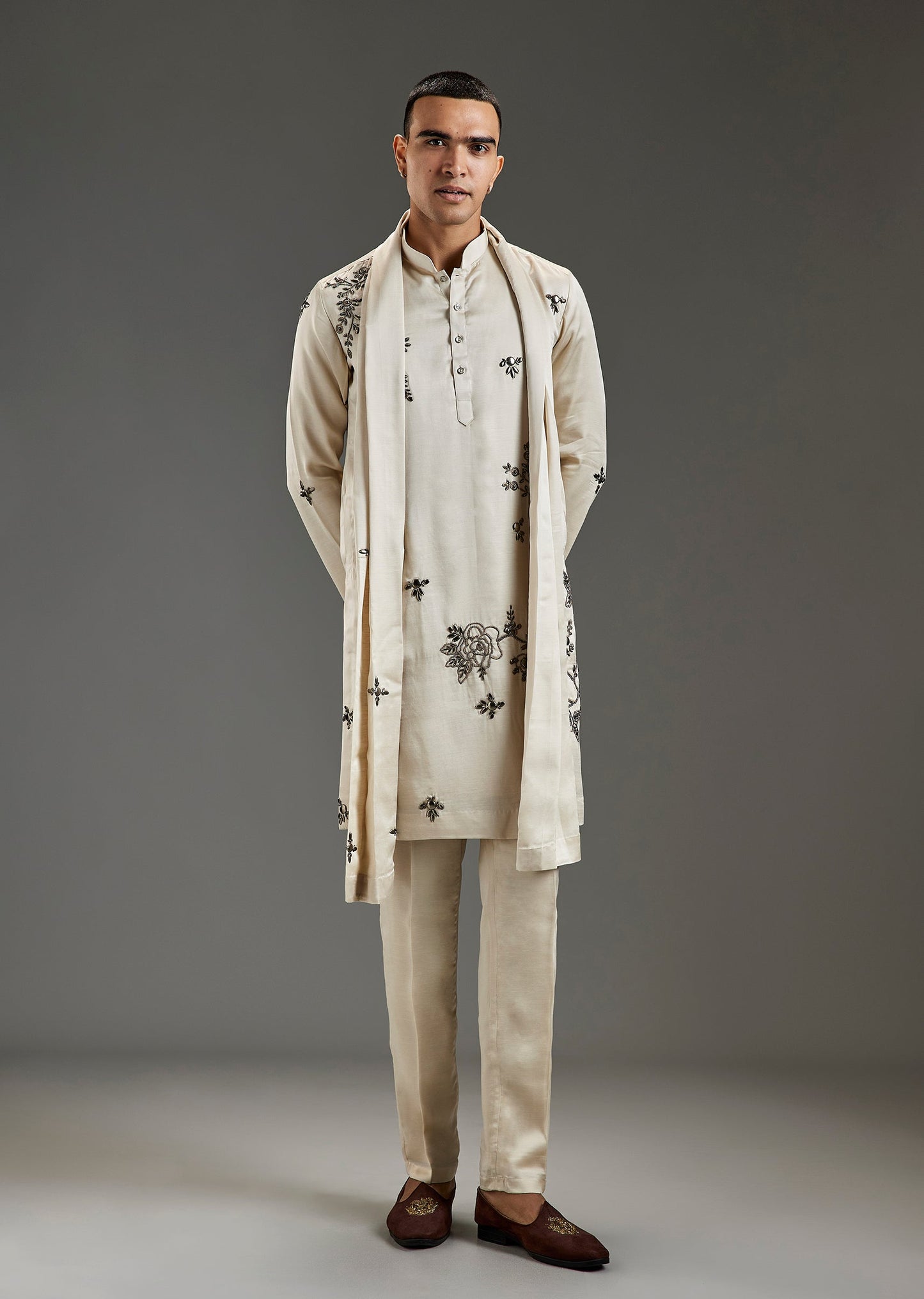Off White Metal Hand Embroidered Kurta Set