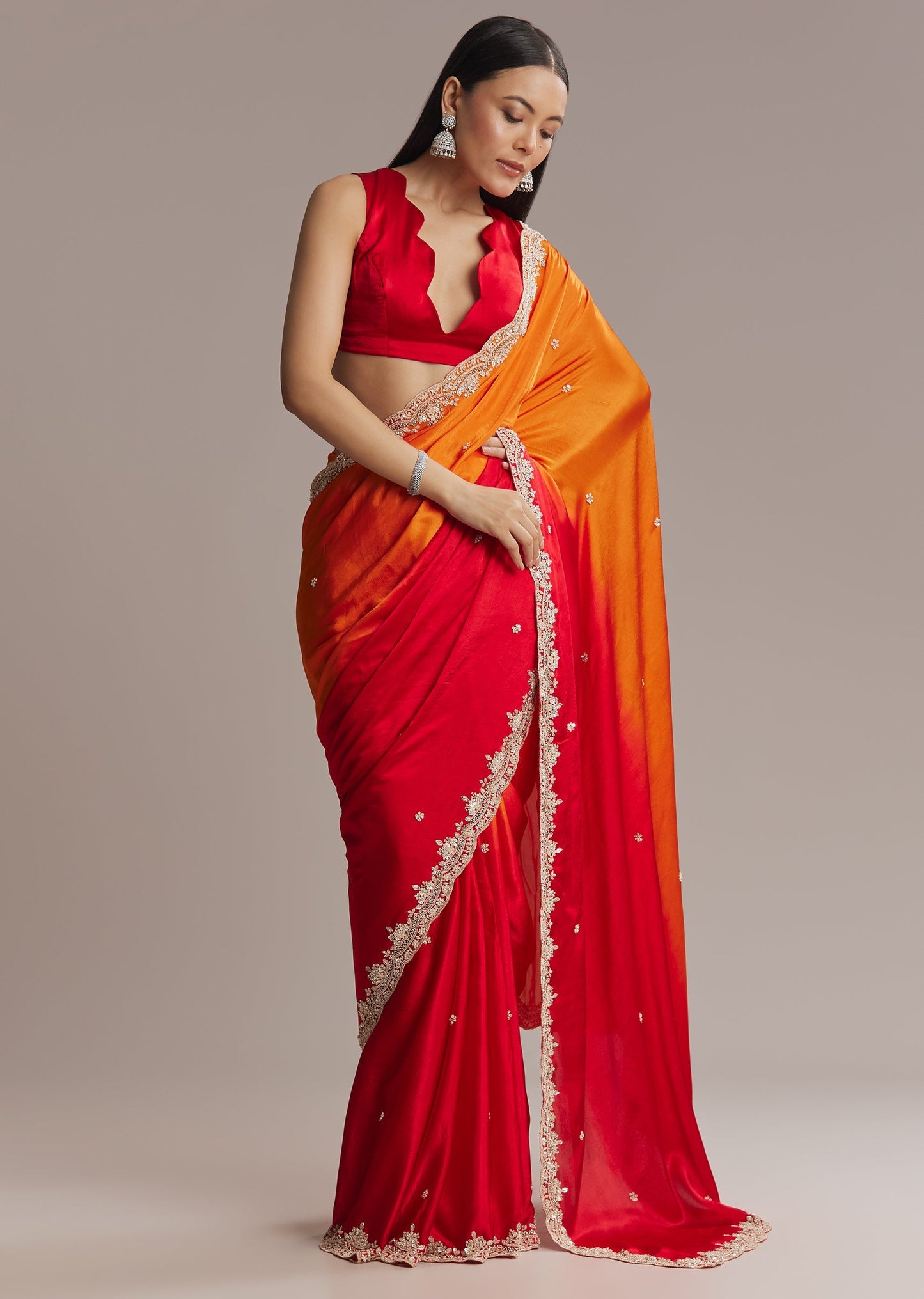 Fiery Festive Couple Set – Orange And Red Chinon Saree With Sequin And Bead Embroidery For Her And Red Ombre Kurta Set With Mirror Work For Him