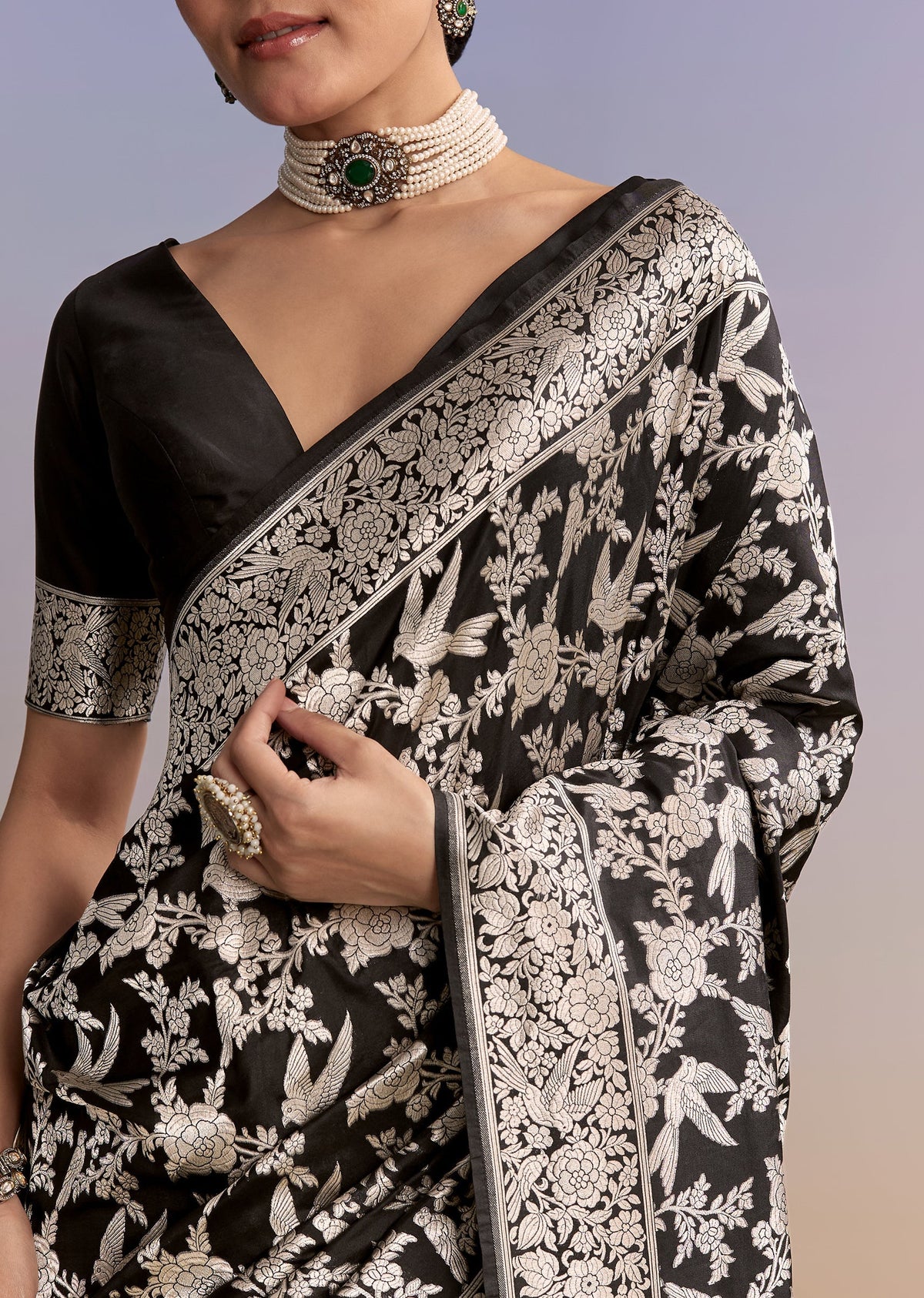 Black Regal Duo – Banarasi Silk Saree For Her And Embroidered Indo Western Set For Him