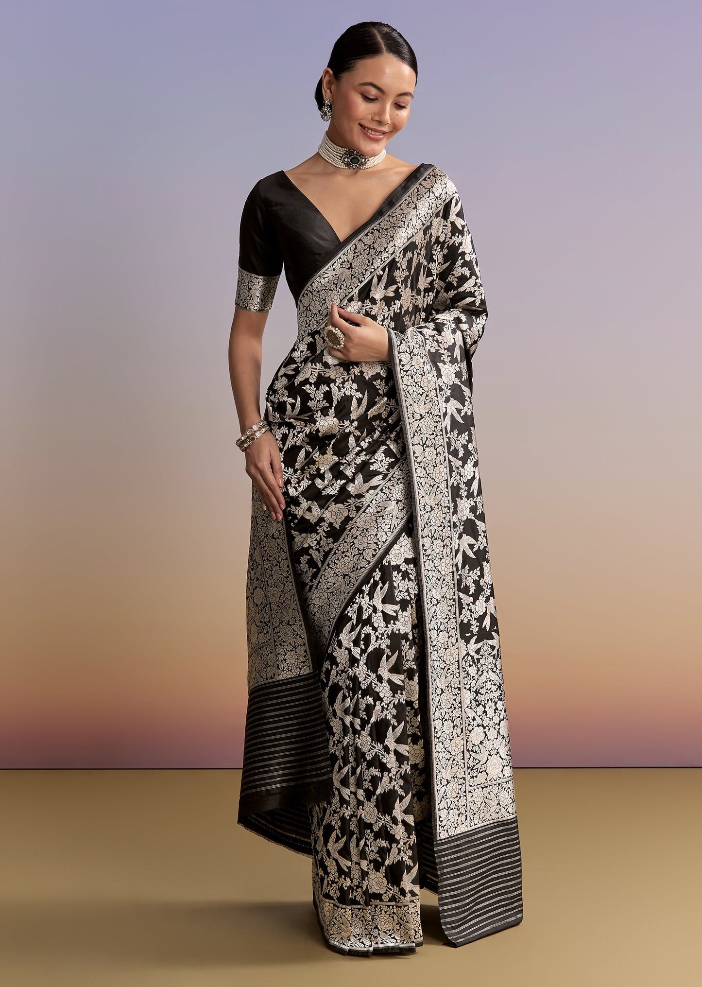 Black Regal Duo – Banarasi Silk Saree For Her And Embroidered Indo Western Set For Him