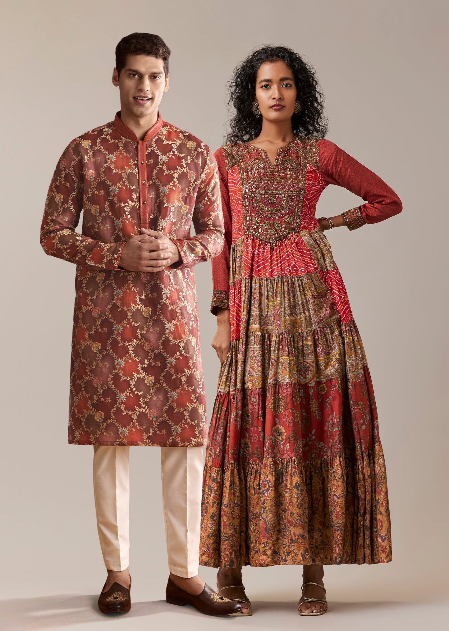 Red Festive Duo — Bandhani Kurti For Her And Banarasi Kurta For Him