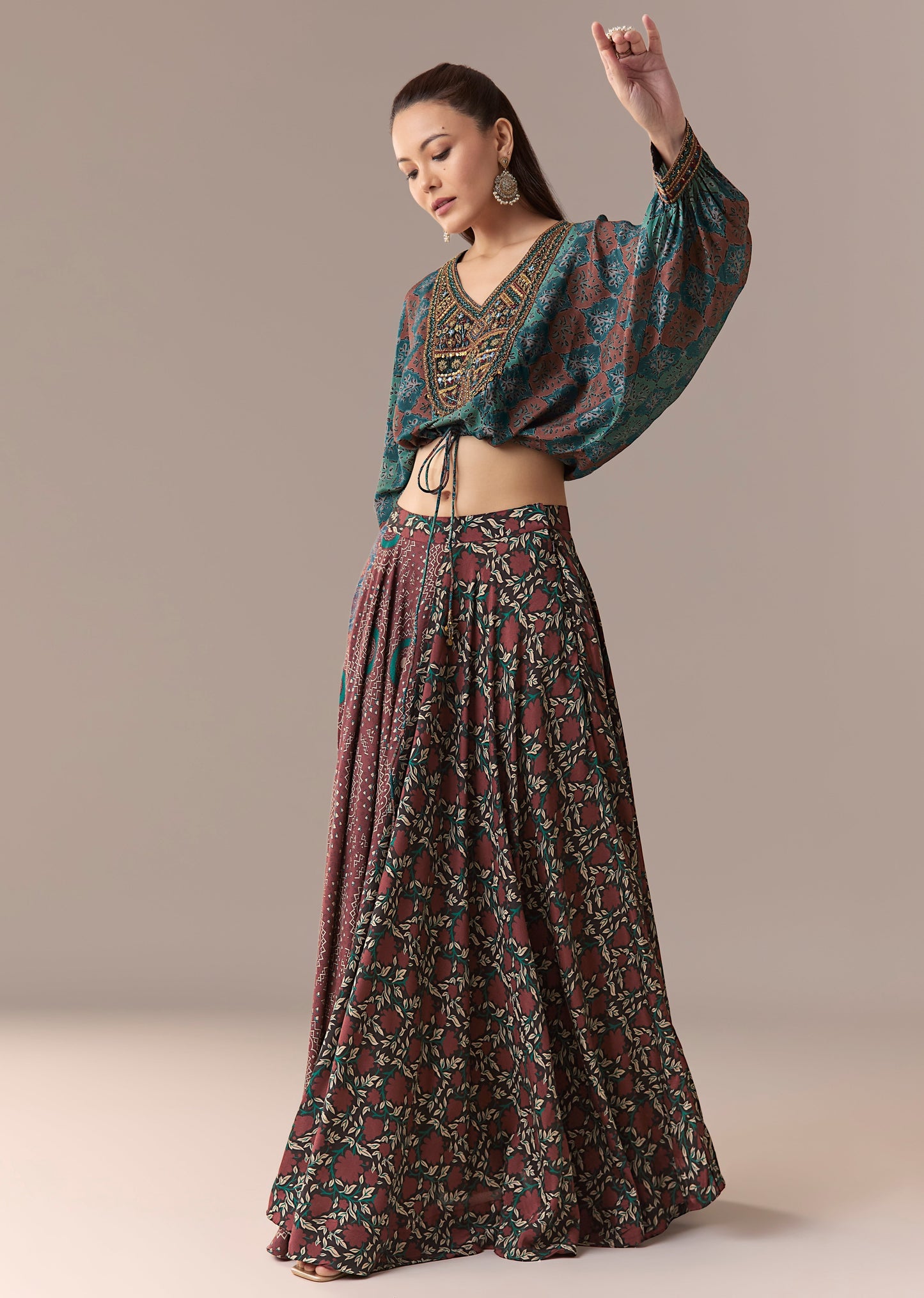 Indigo Noir Festive Couple Set – Indigo Printed Crop Top & Skirt Set for Her And Black Embroidered Silk Kurta Jacket Set for Him