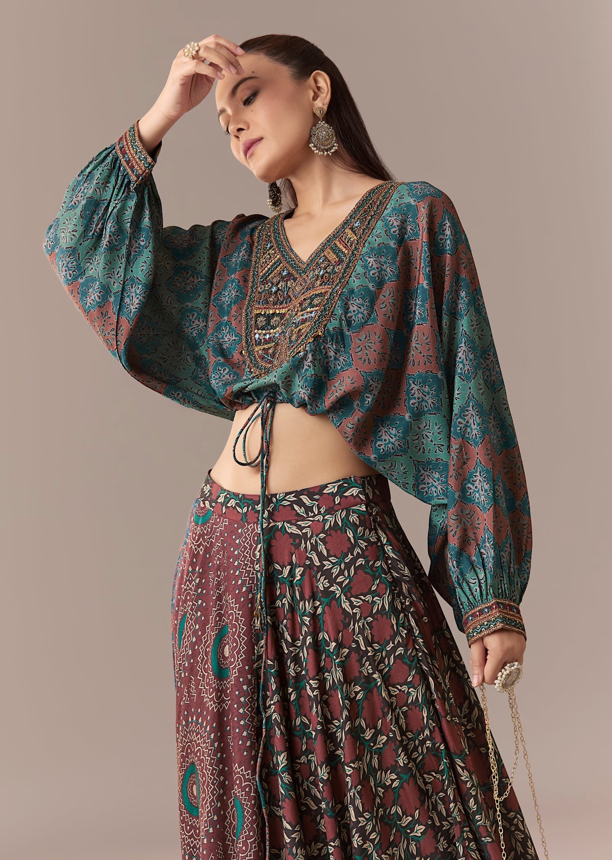 Indigo Noir Festive Couple Set – Indigo Printed Crop Top & Skirt Set for Her And Black Embroidered Silk Kurta Jacket Set for Him