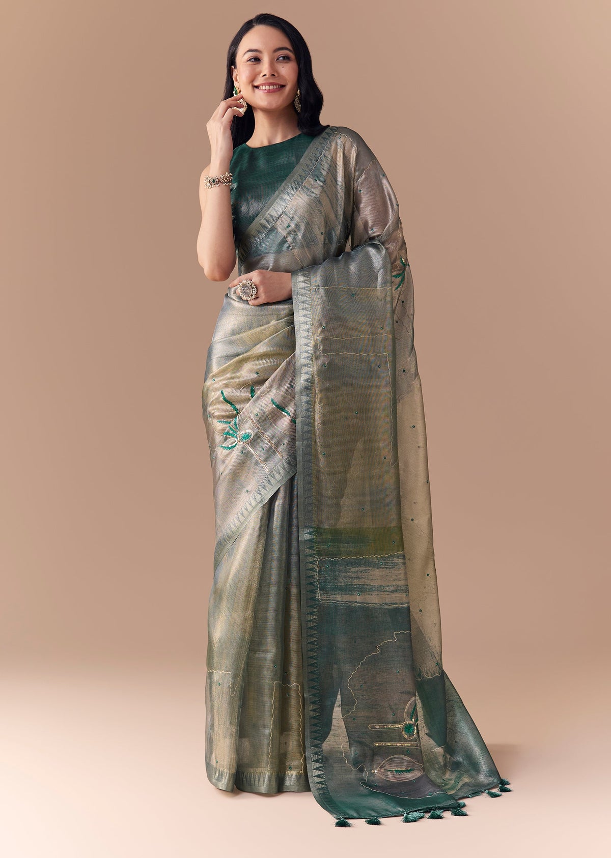 Graceful Couple Set – Teal Green Organza Silk Saree For Her And Green Modal Kurta Set With Hand Embroidery For Him