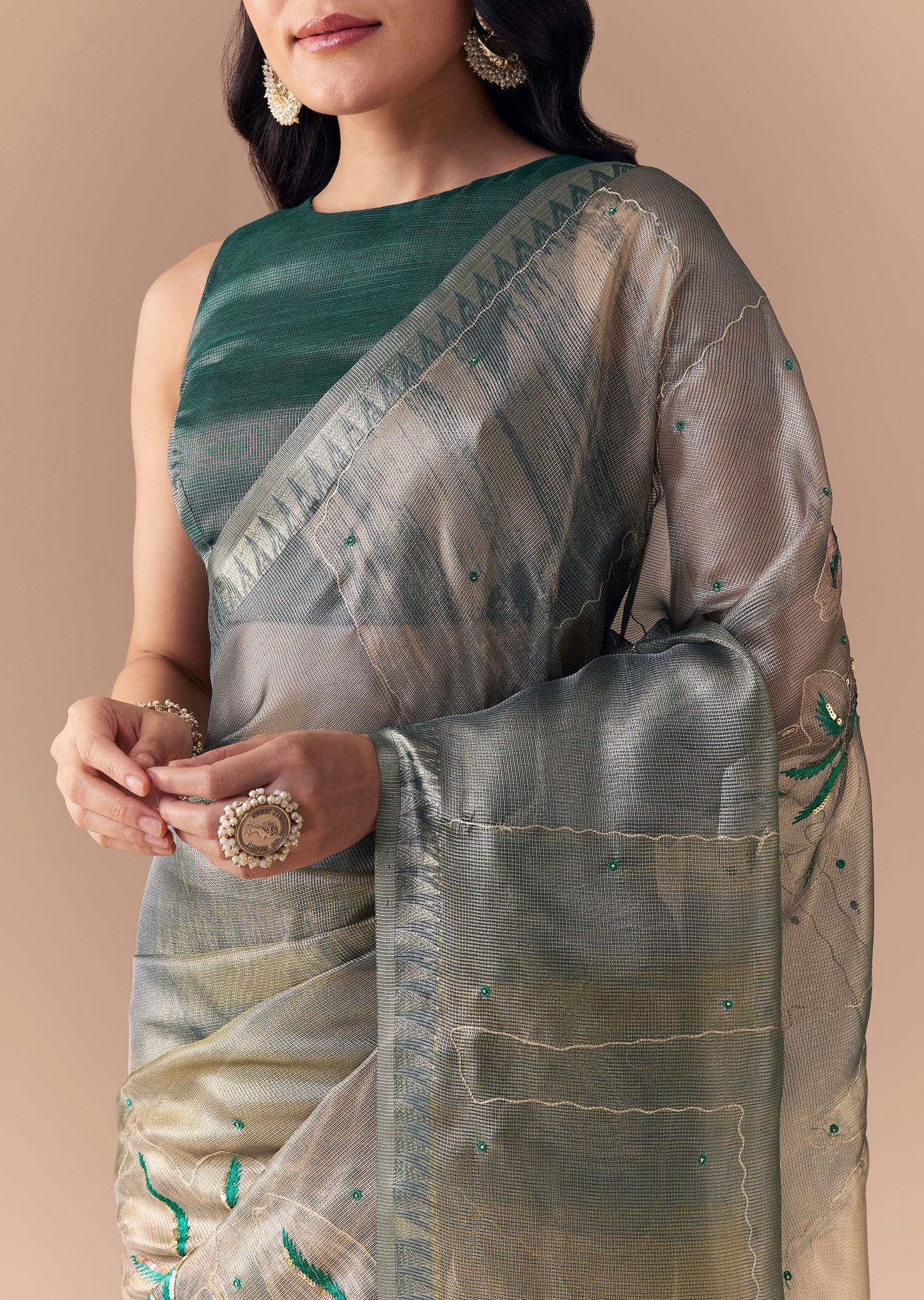 Graceful Couple Set – Teal Green Organza Silk Saree For Her And Green Modal Kurta Set With Hand Embroidery For Him