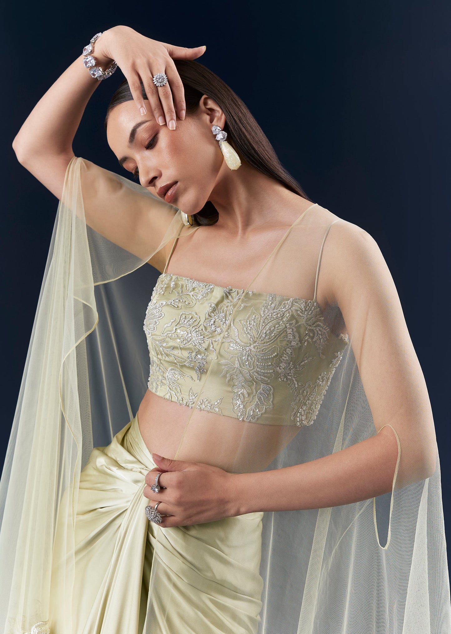 Green Festive Duo – Satin Crop Top Skirt Set For Her And Tussar Jodhpuri Set For Him