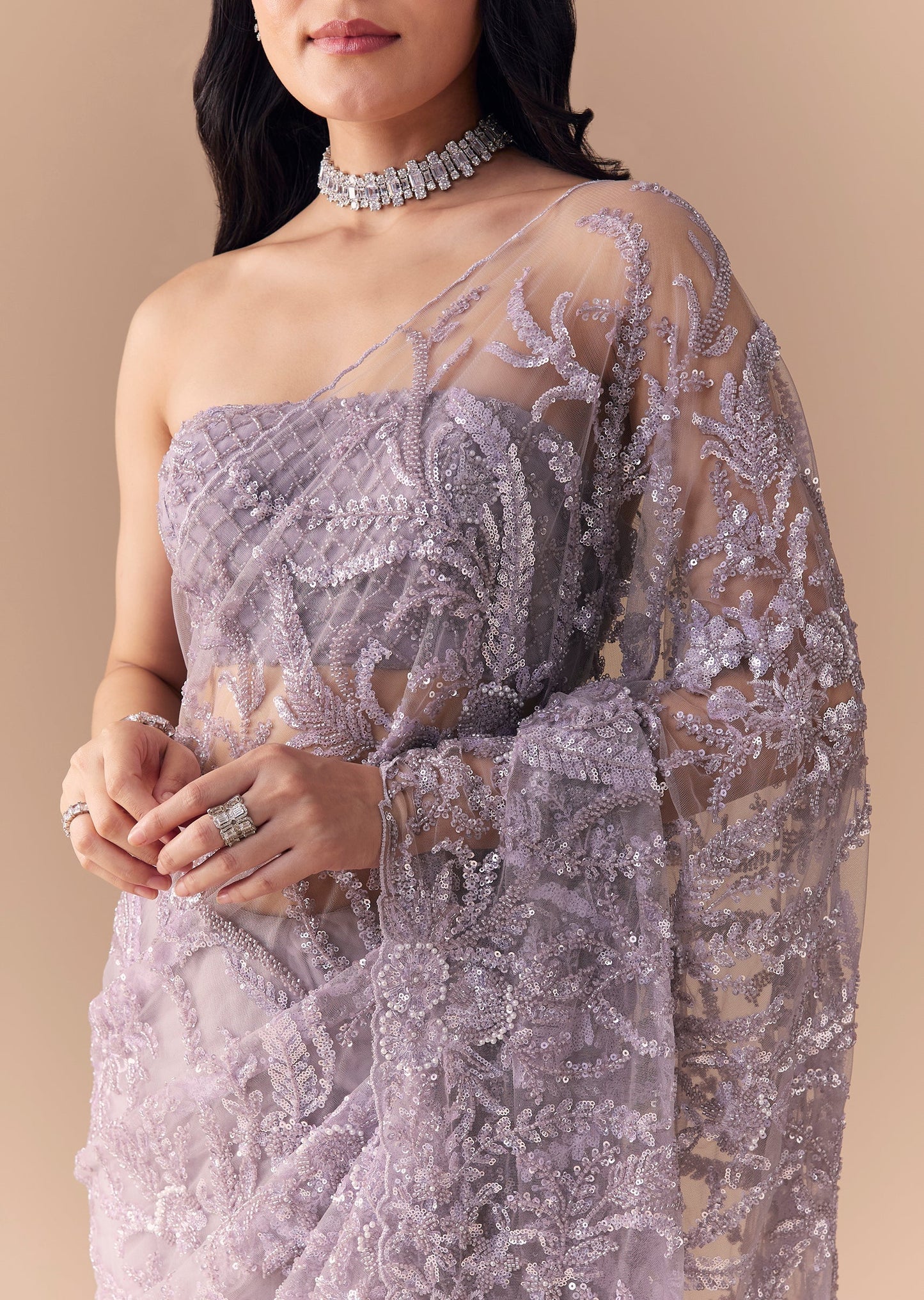 Lavender Net Floral Work Saree with Unstitched Blouse