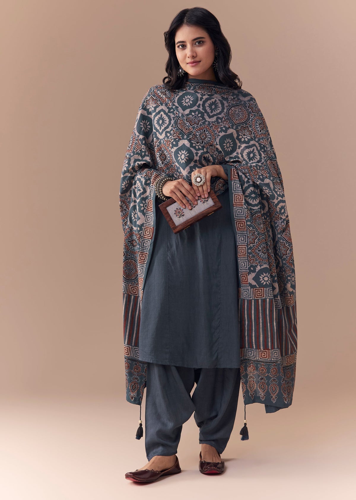 Heritage Couple Set – Indigo Kurta Set With Ajrakh Dupatta For Her And Stripe Indigo Kurta Set For Him