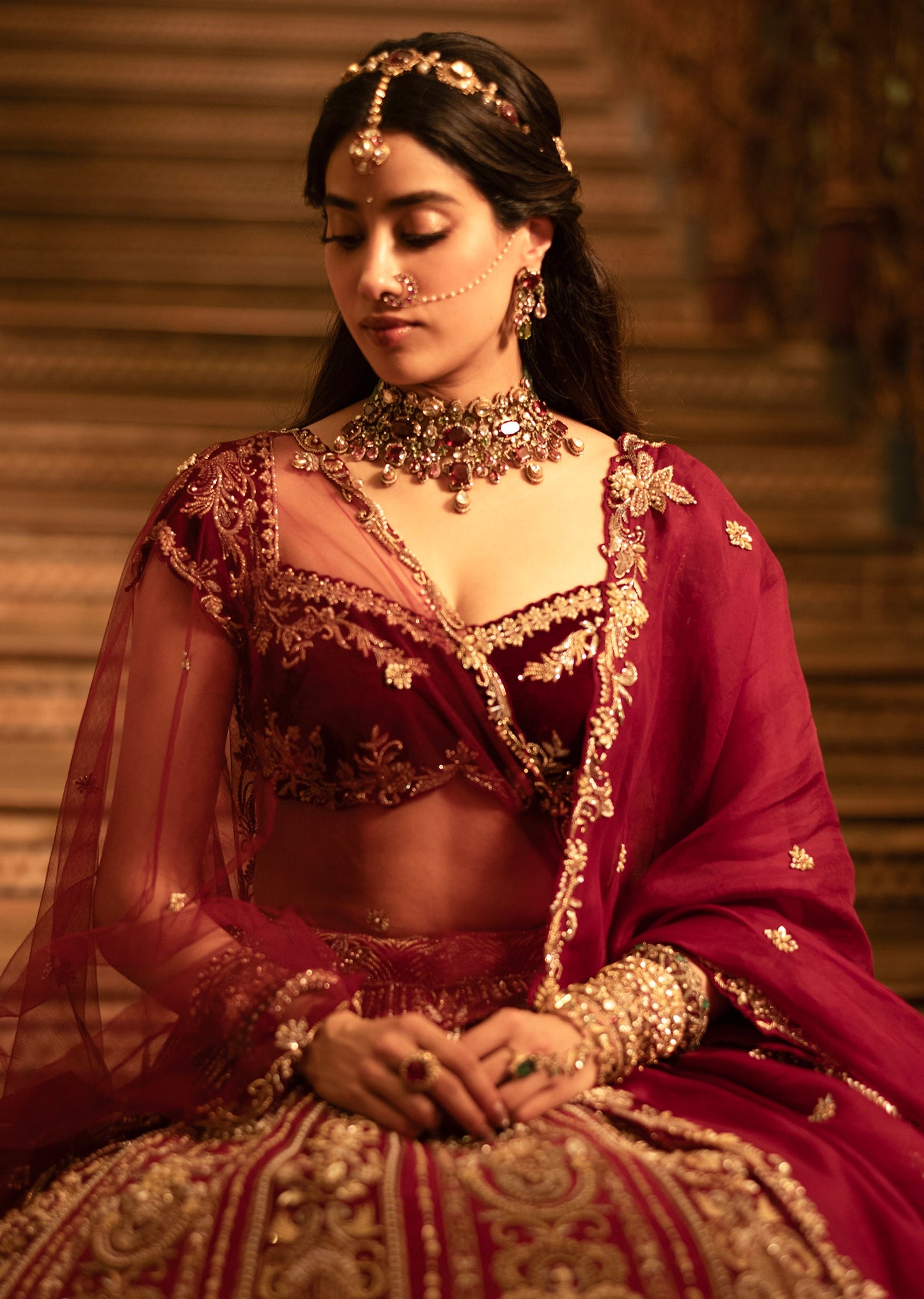 Maroon Velvet Bridal Lehenga With Tonal Applique Work