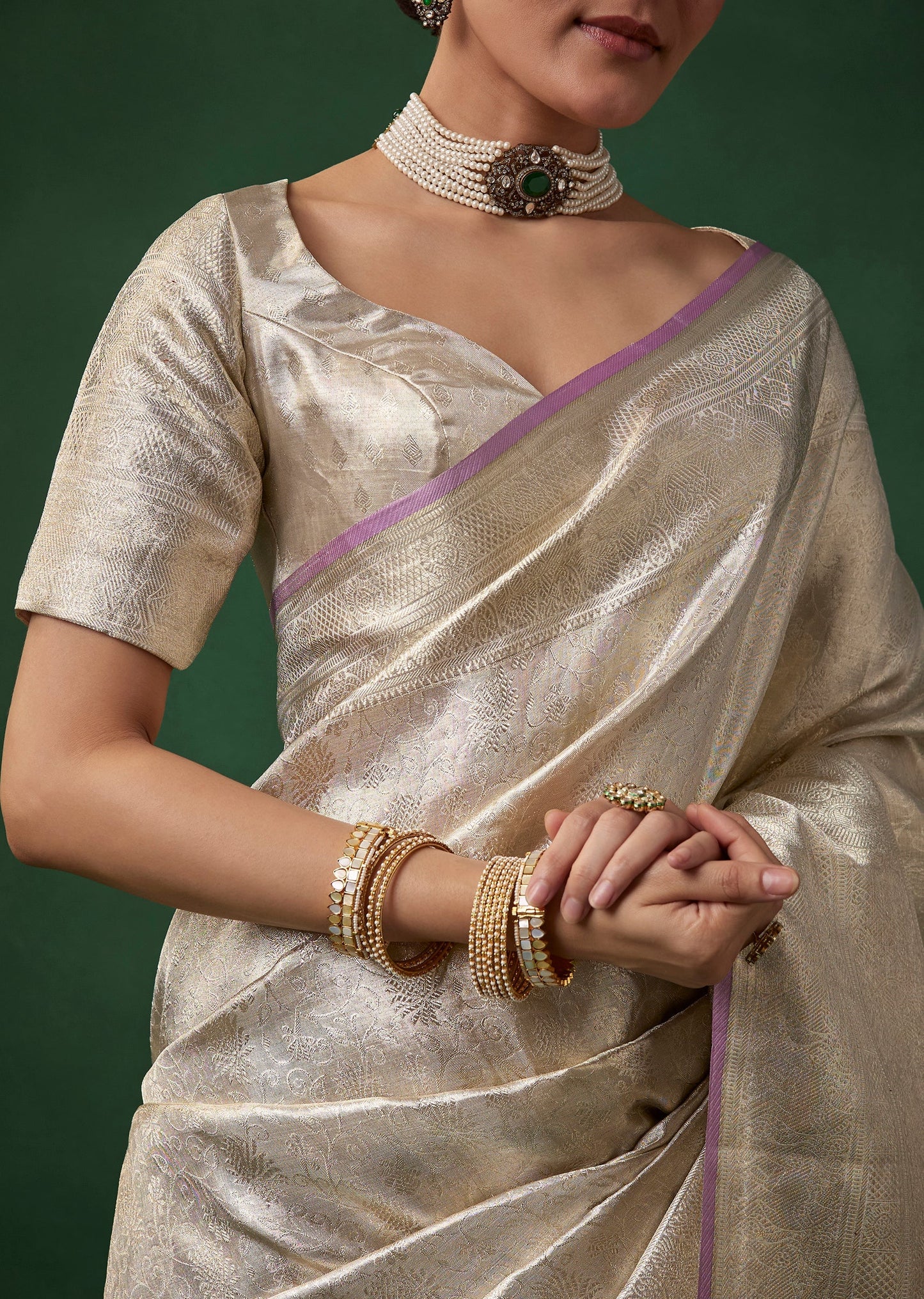 Silver Banarasi Jacquard Weave Saree with Unstitched Blouse