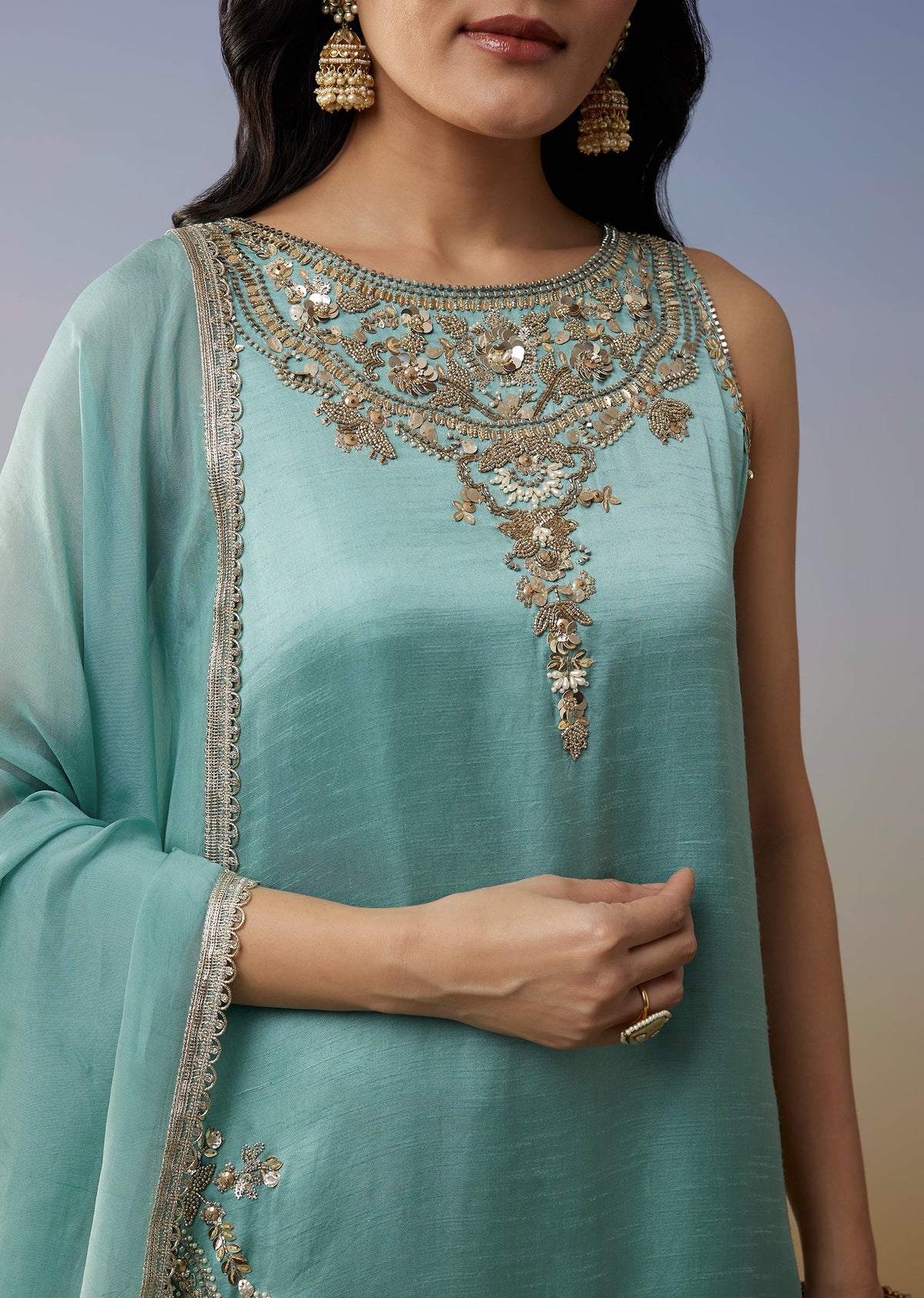Sky Blue Satin Palazzo Suit with Beads Sequins Work