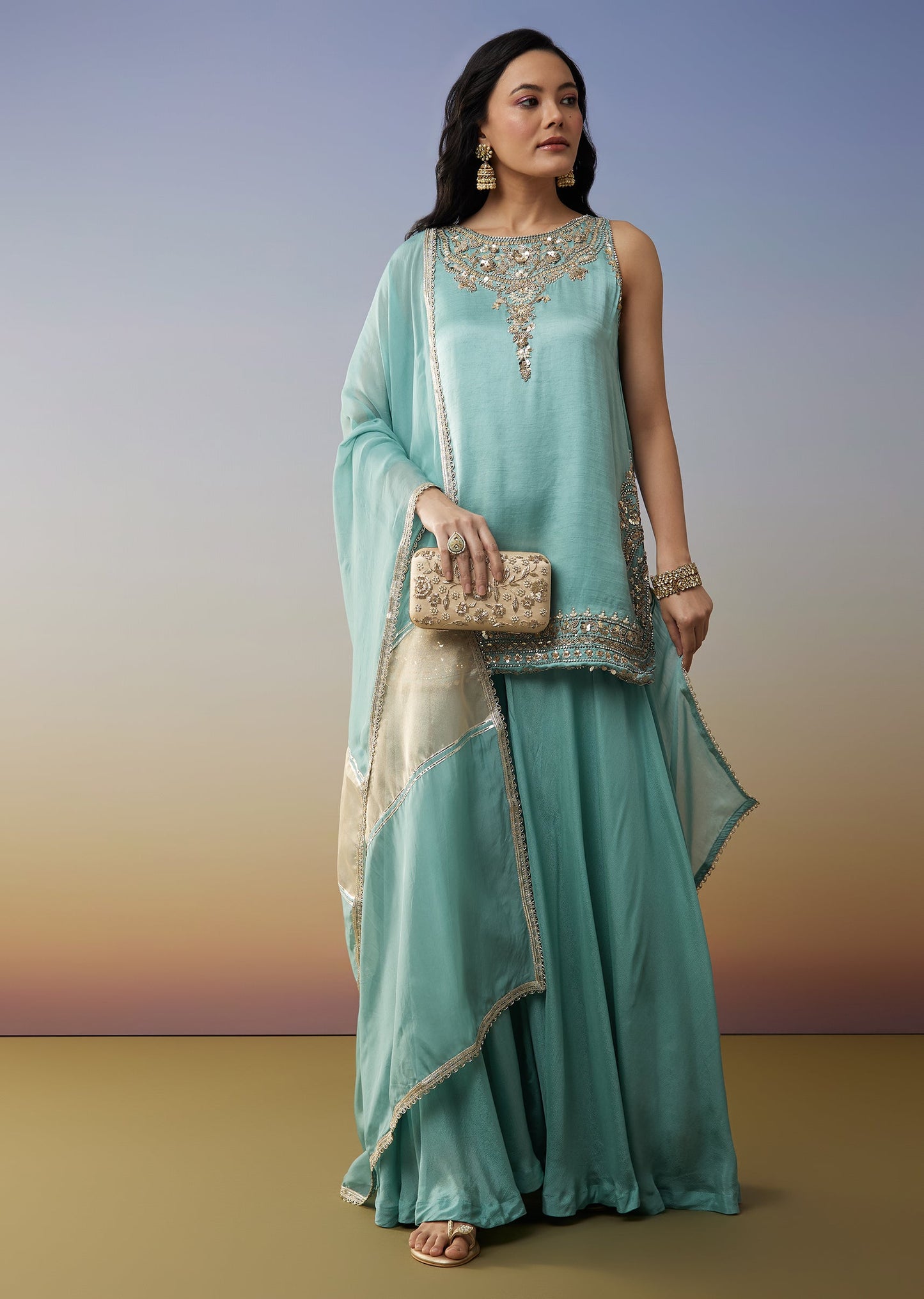 Sky Blue Satin Palazzo Suit with Beads Sequins Work