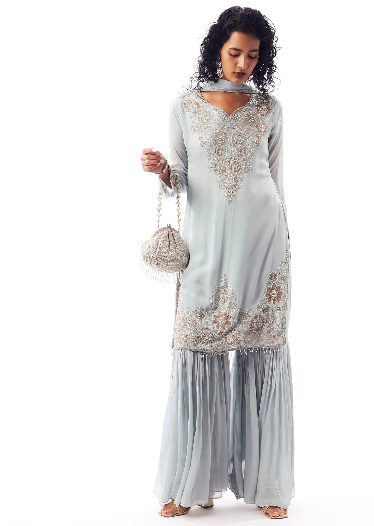 Pakistani Style Sky Blue Sharara Suit Set With Dupatta