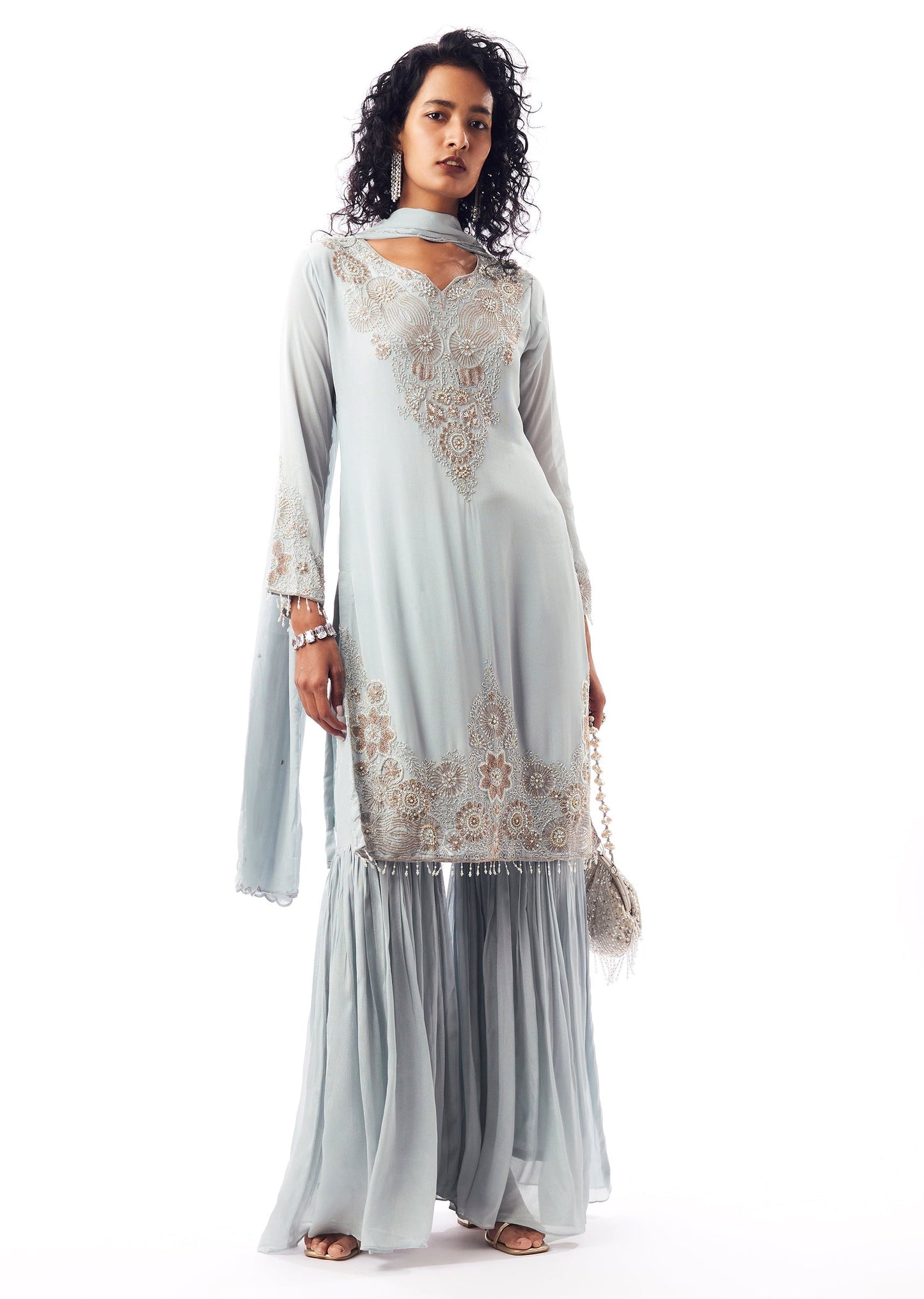 Pakistani Style Sky Blue Sharara Suit Set With Dupatta