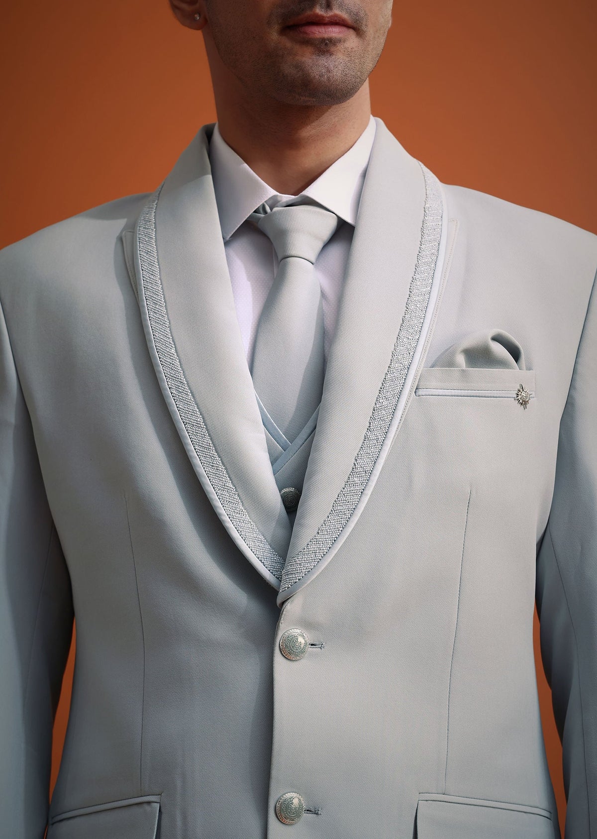 Sky Blue Cutdana Work Polyester Tuxedo And Pant Set