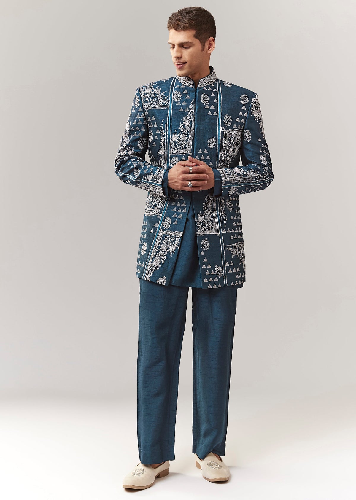 Teal Raw Silk Indo Western With Resham Work