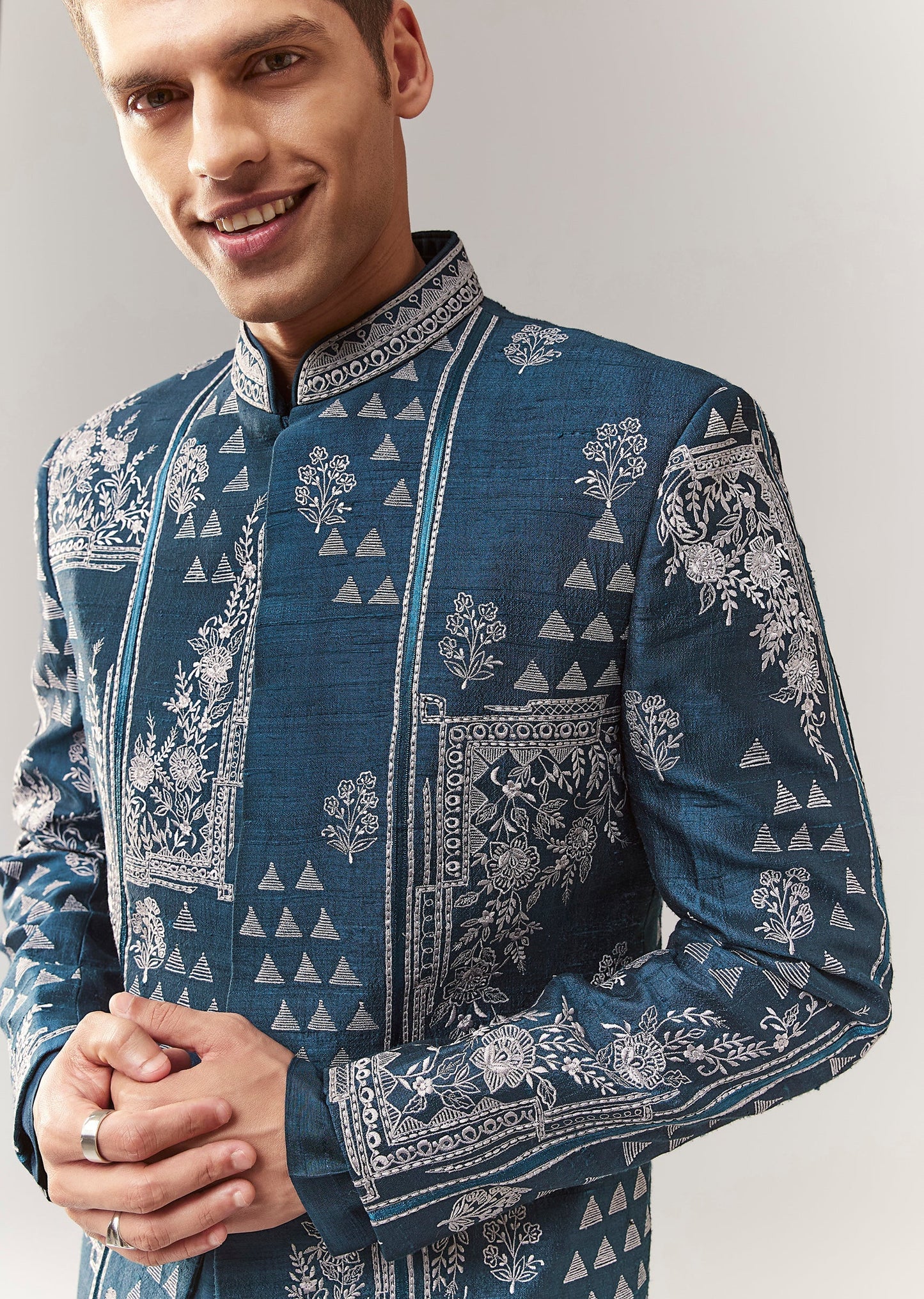 Teal Raw Silk Indo Western With Resham Work